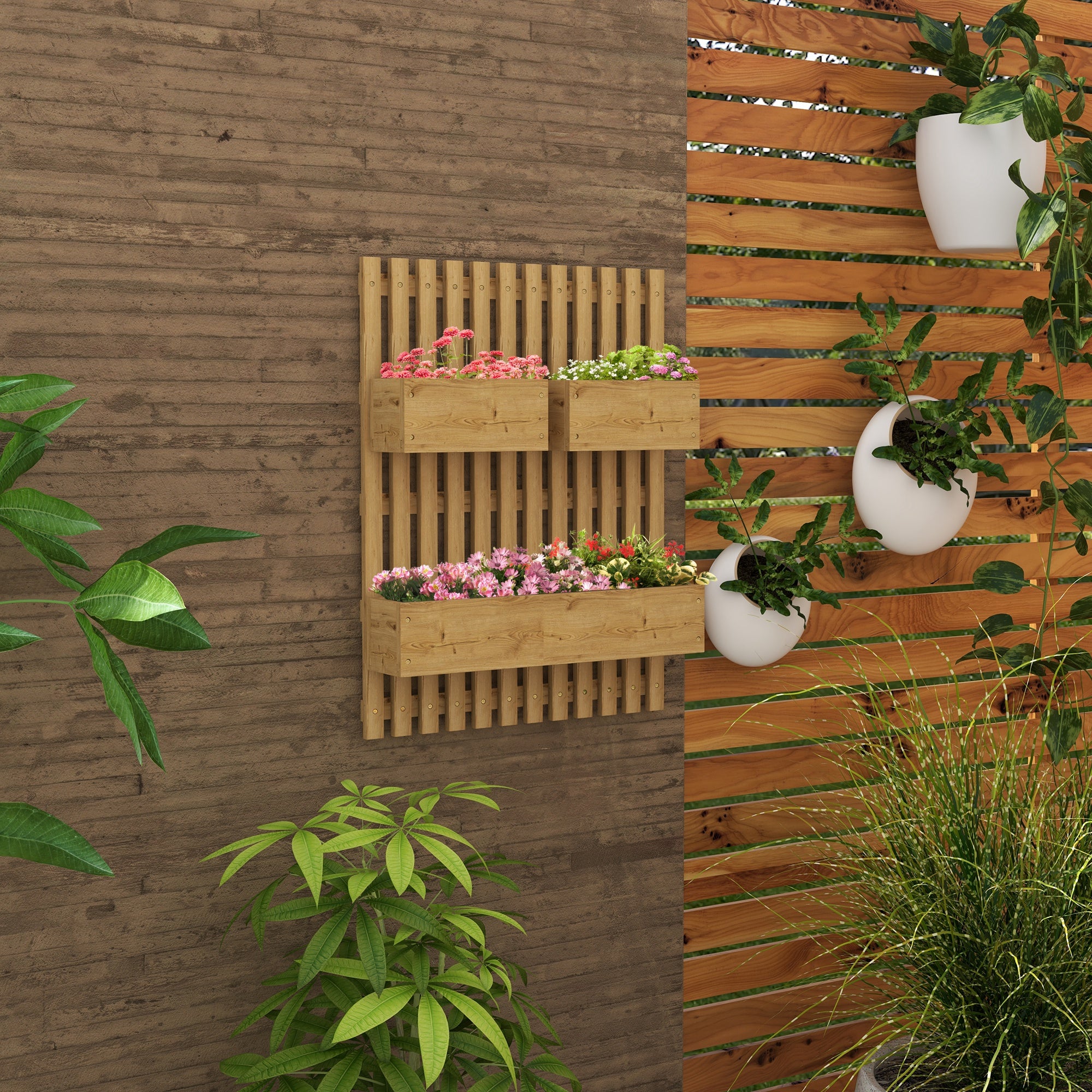Outsunny Wall-mounted Wooden Garden Planters with Trellis, Drainage Holes and 3 Planter Boxes for Patio, Carbonised - North Peak Garden Furniture