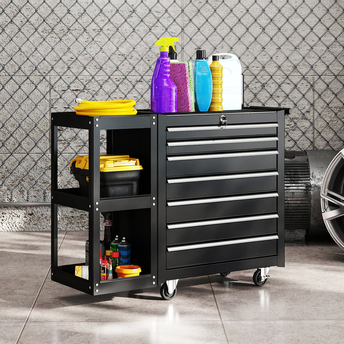 HOMCOM Lockable Steel Tool Chest on Wheels, 7 Drawer Tool Box with Handle for Workshop, Garage, Black