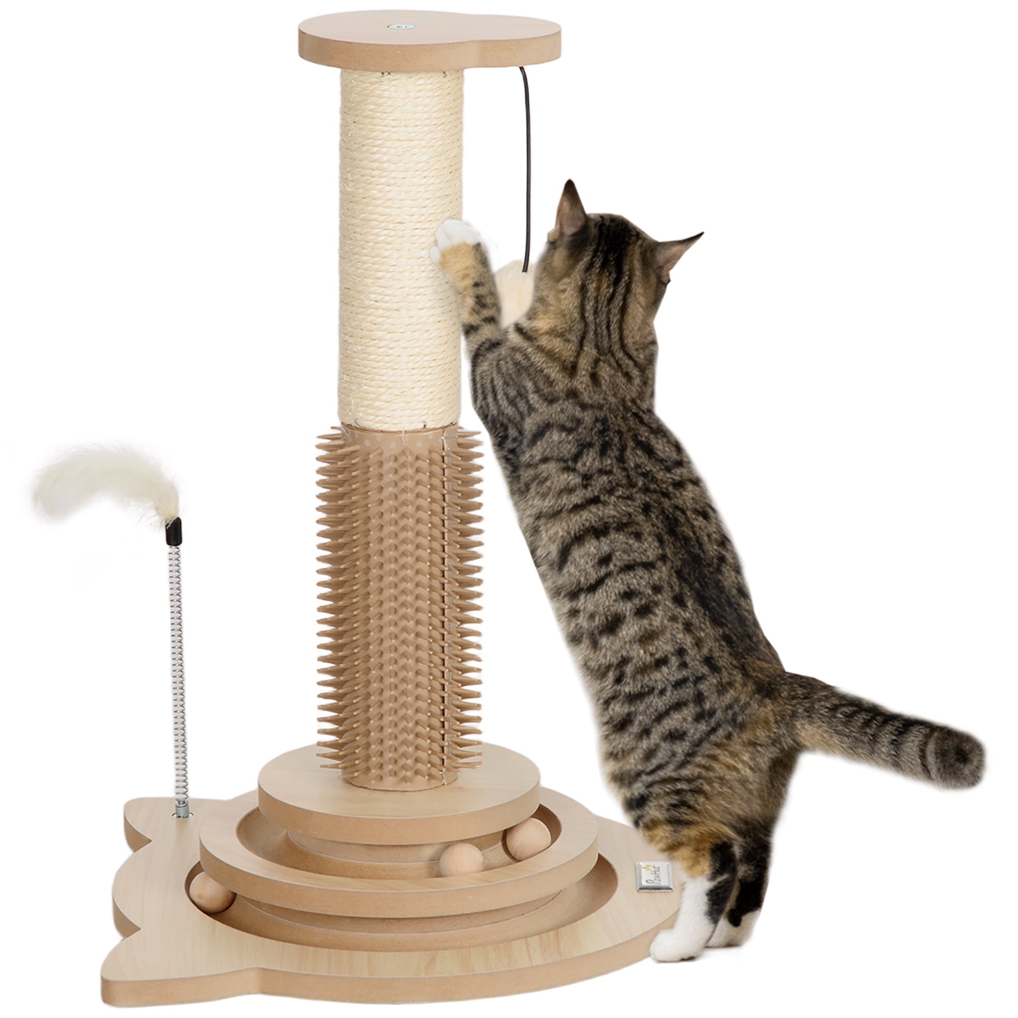 PawHut 49cm 5 in 1 Cat Scratching Post with Sisal Post, Track Ball, Self Grooming Brush, Hanging Toy Ball, Feather, Oak Tone - North Peak Garden Furniture