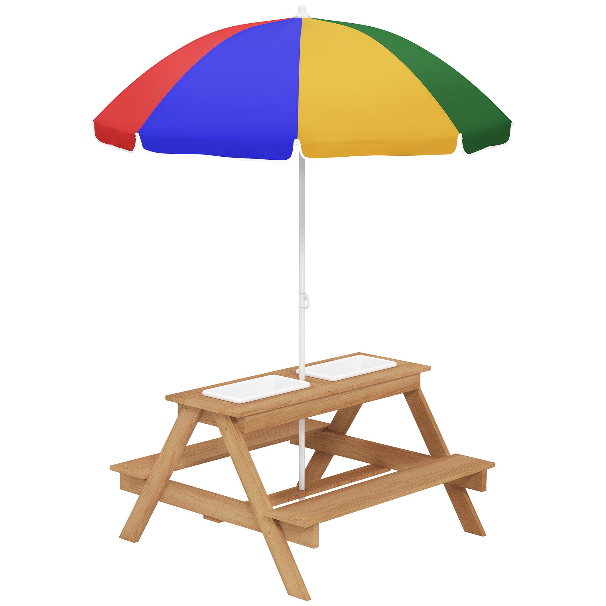 AIYAPLAY Kids Picnic Table, Sand and Water Table with Wooden Benches, Adjustable Parasol and Storage Bins, Multicolour - North Peak Garden Furniture