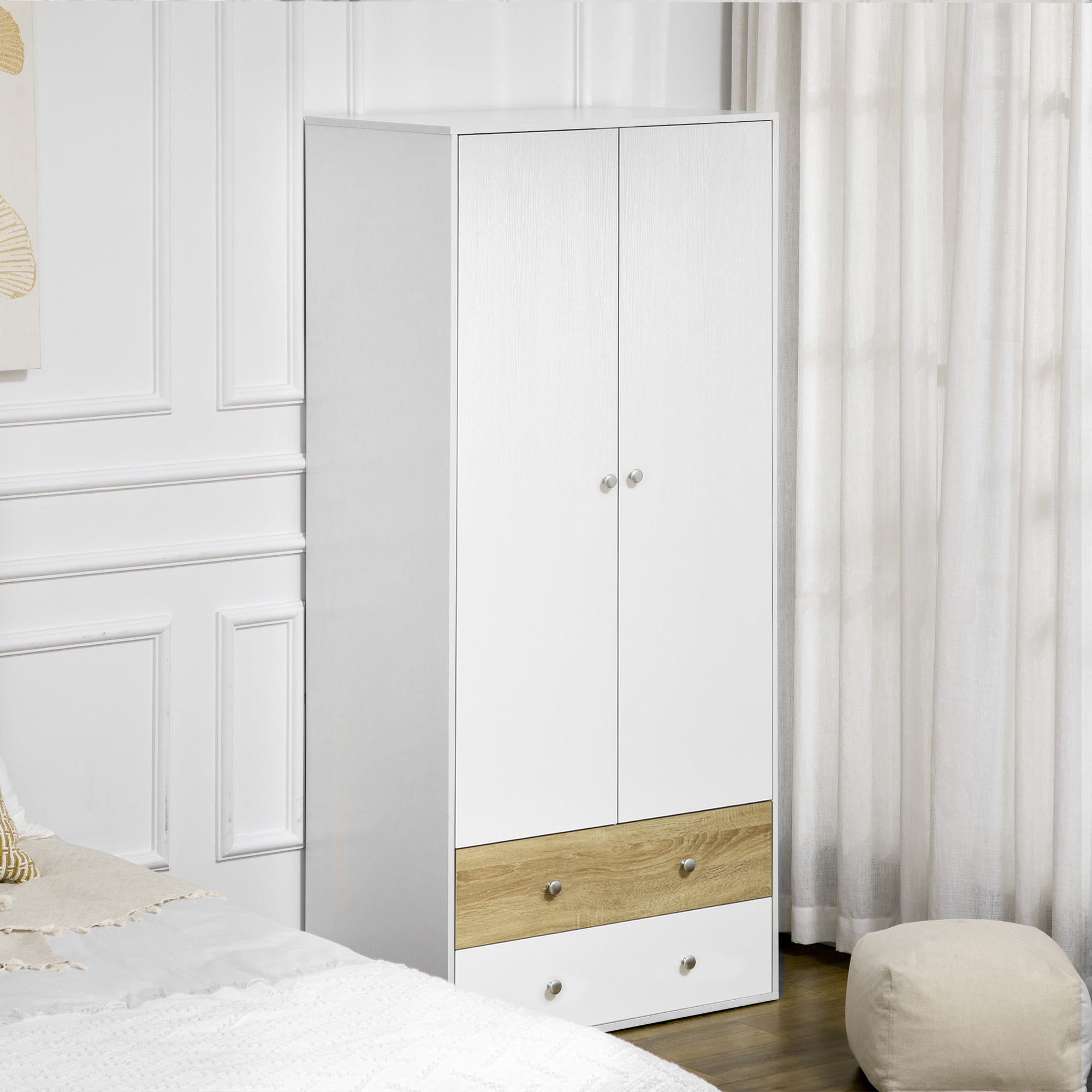 HOMCOM 2-Door Wardrobe with 2 Drawers, Hanging Rod and Anti-tipping Straps for Bedroom Clothes Storage Organisation, White - North Peak Garden Furniture