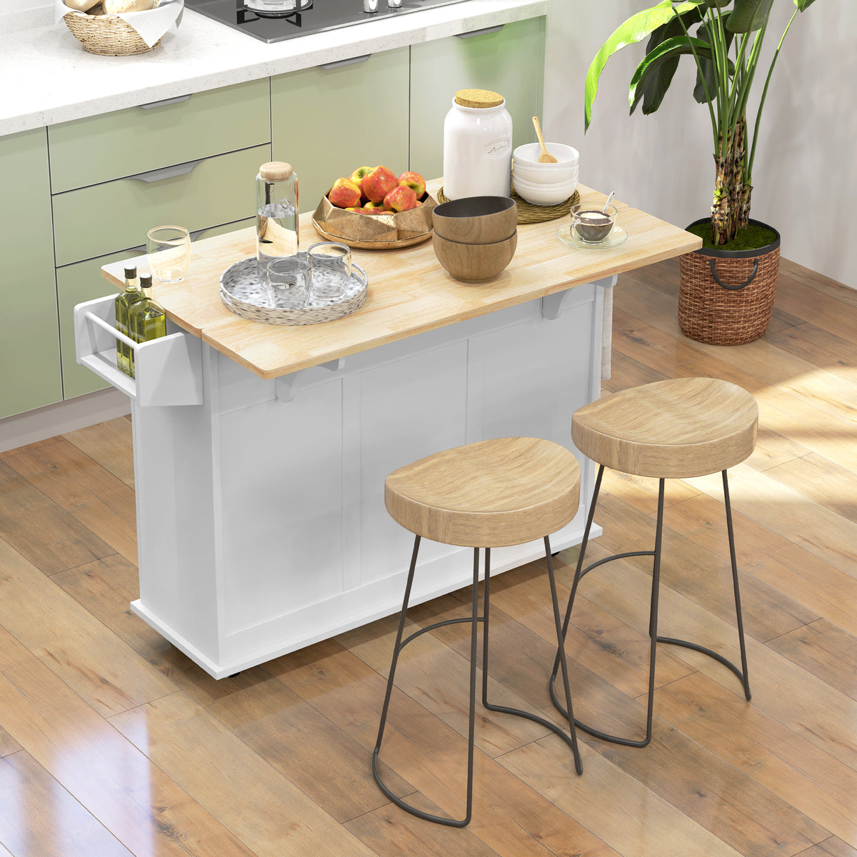 HOMCOM Kitchen Island with Drop Leaf, Rolling Kitchen Storage Trolley on Wheels with 3 Drawers, Spice Rack and Towel Rack, Storage Cart with Rubber Wood Top, White