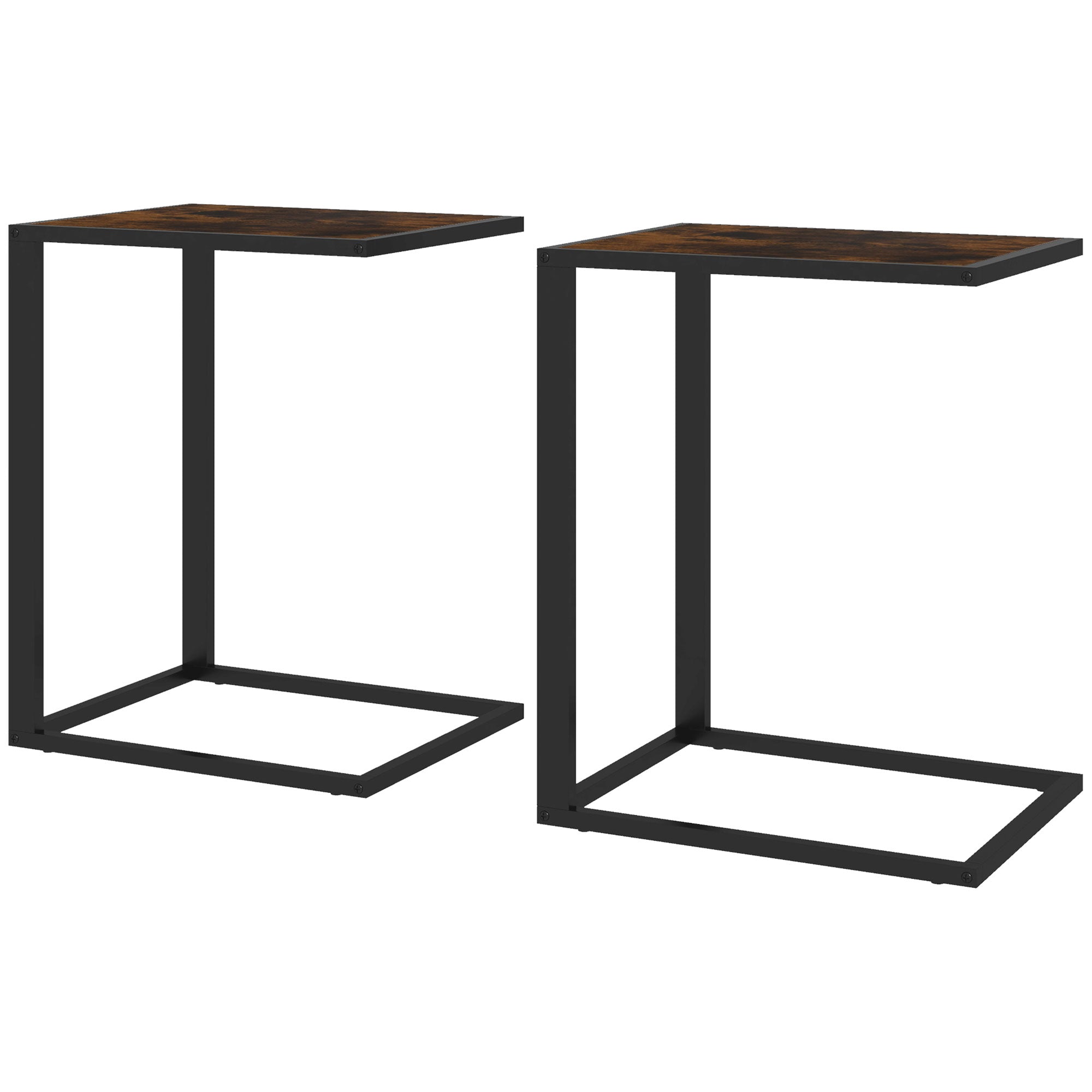 HOMCOM C-Shaped Side Table, Sofa End Table with Metal Frame, Accent Couch Table for Living room, Bedroom, Set of 2, Brown and Black - North Peak Garden Furniture