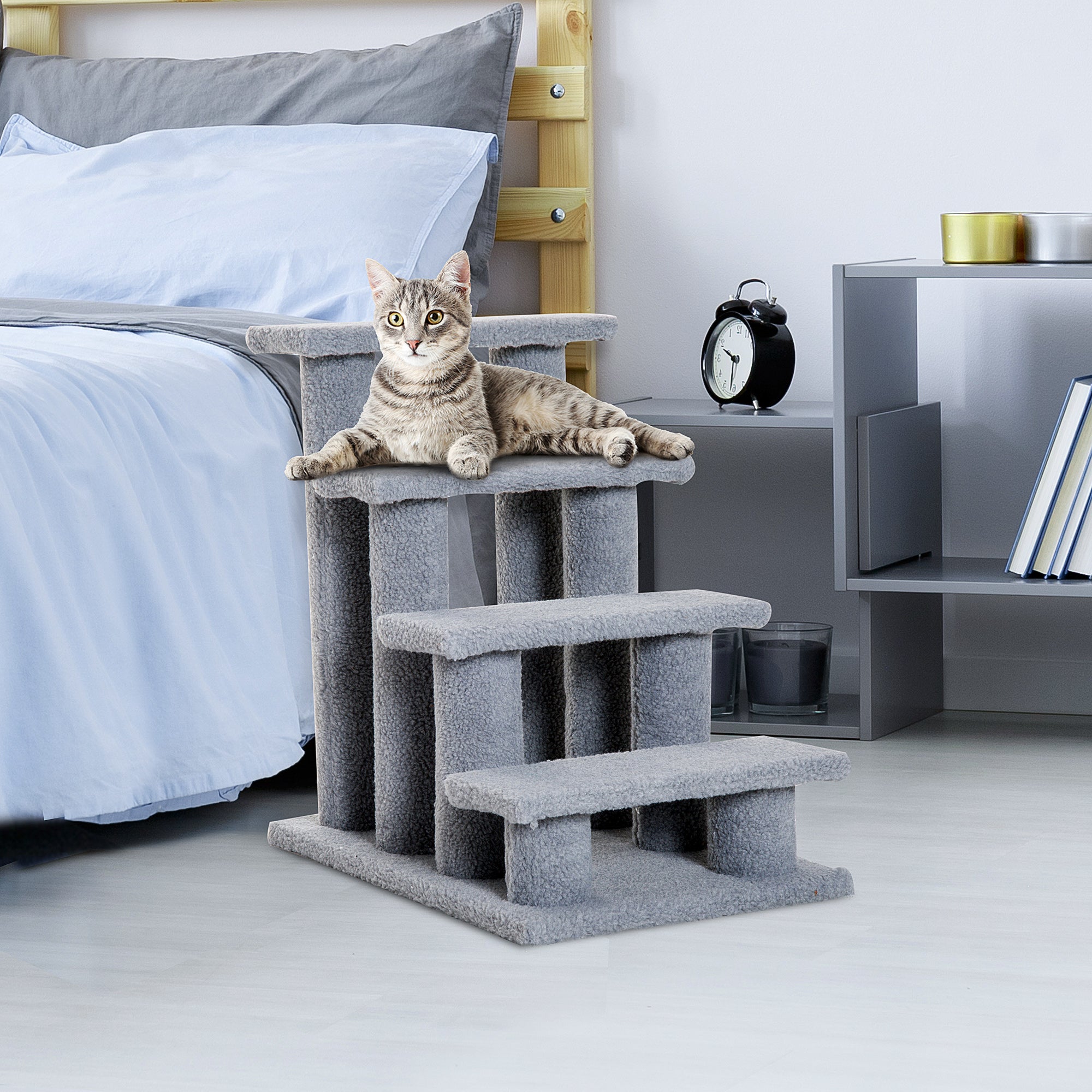 PawHut Dog Steps for Bed 4 Step Pet Stairs for Sofa Dog Cat Climb Ladder 63x43x60 cm Grey - North Peak Garden Furniture