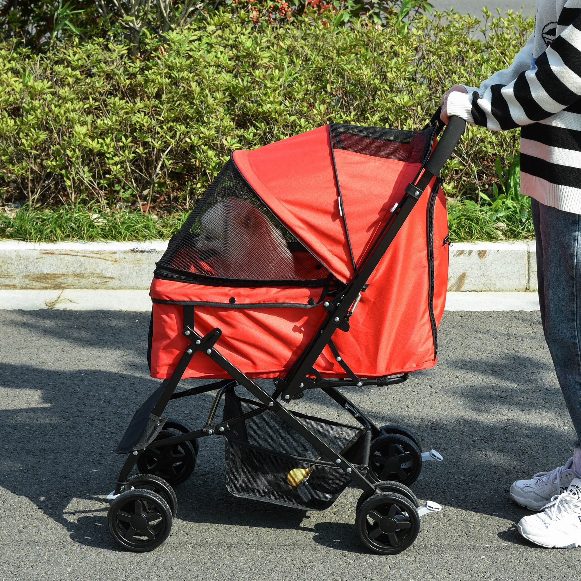 PawHut Pet Stroller Pushchair Foldable Travel Dog Cat Carriage w/ Reversible Handle Brake Basket - North Peak Garden Furniture