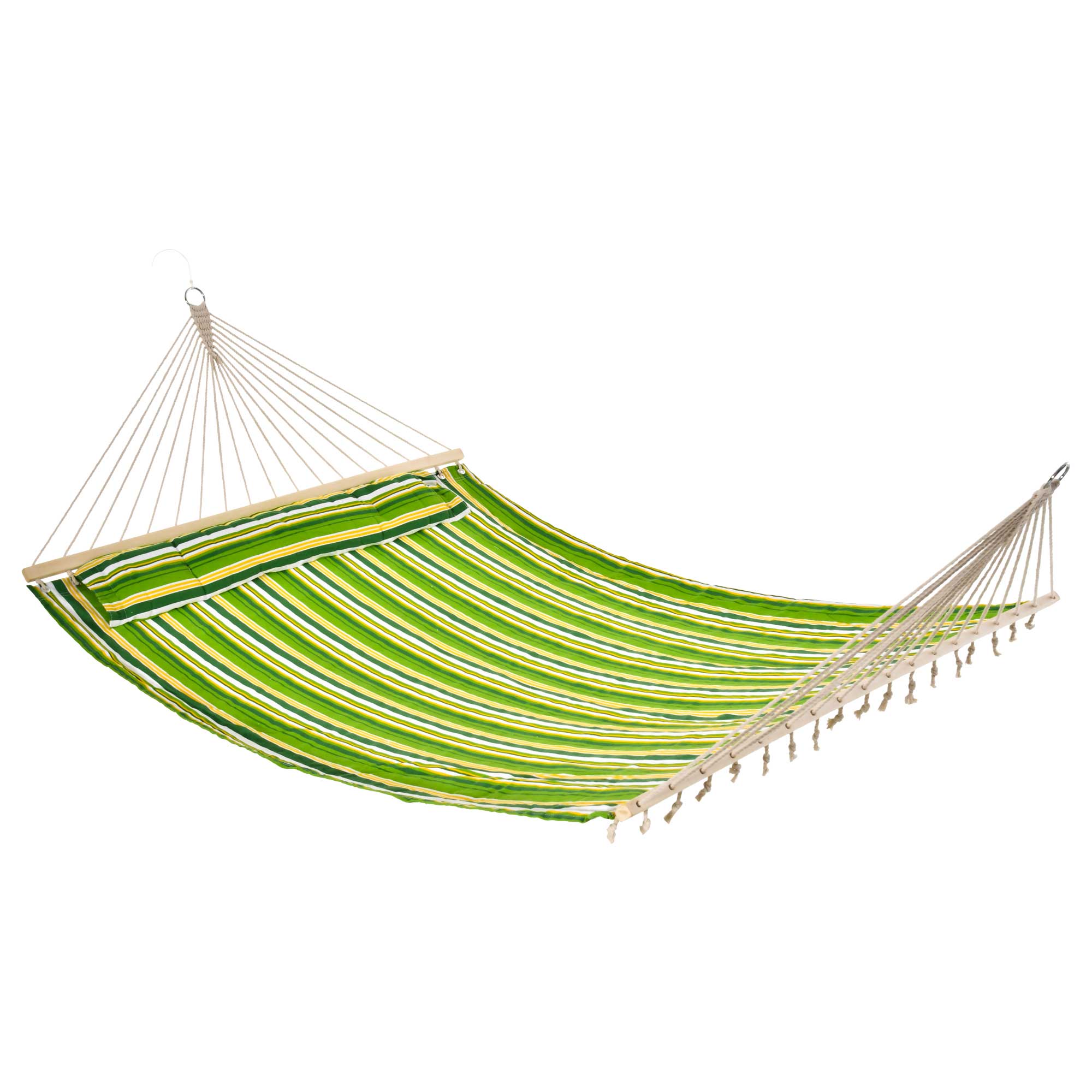Outsunny Double Cotton Hammock Camping Swing Outdoor Garden Beach Stripe Hanging Bed with Pillow 188L x 140W cm, Green - North Peak Garden Furniture