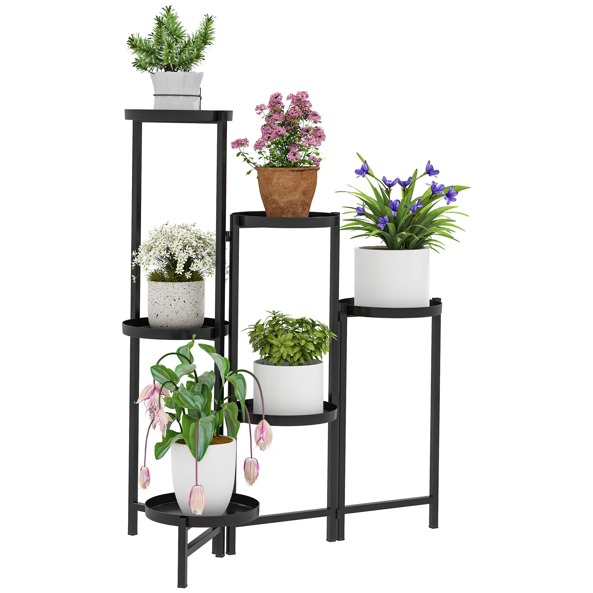 Outsunny 3 Tier Plant Stand Indoor Outdoor, Foldable Corner Plant Stands for Multiple Plants, Metal Round Flower Pot Holder for Patio Garden Balcony Living Room, Black - North Peak Garden Furniture