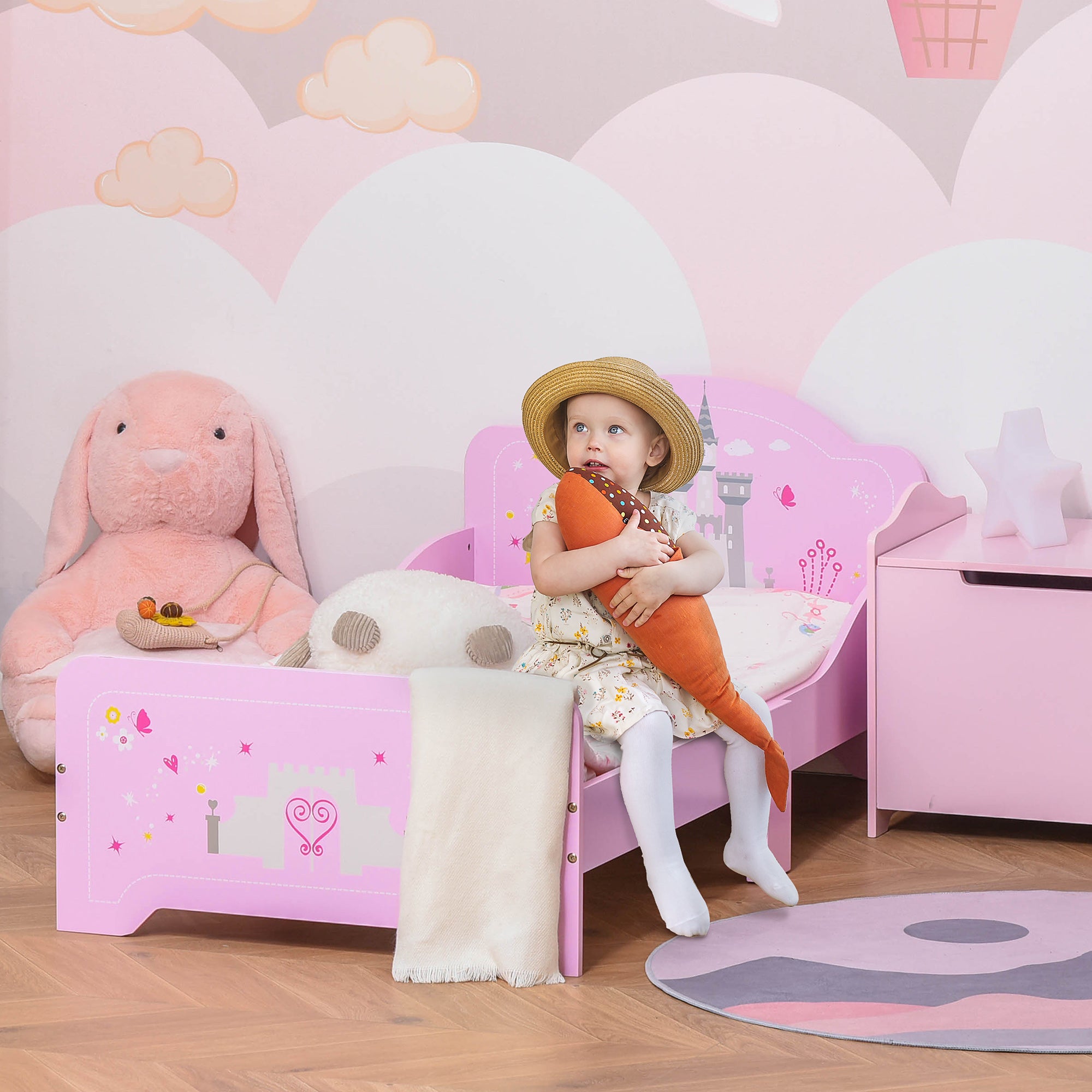 HOMCOM Kids Bed Princess Castle Theme w/ Side Rails Slats Home Furniture for 3 - 6 Yrs Pink 143 x 73 x 60 cm - North Peak Garden Furniture