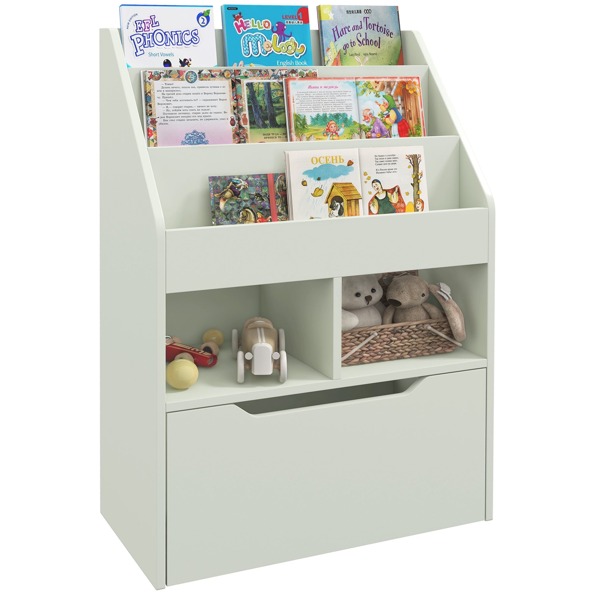 HOMCOM Kids Bookshelf, Toy Organiser, with Storage Drawer, Wheels - Green - North Peak Garden Furniture