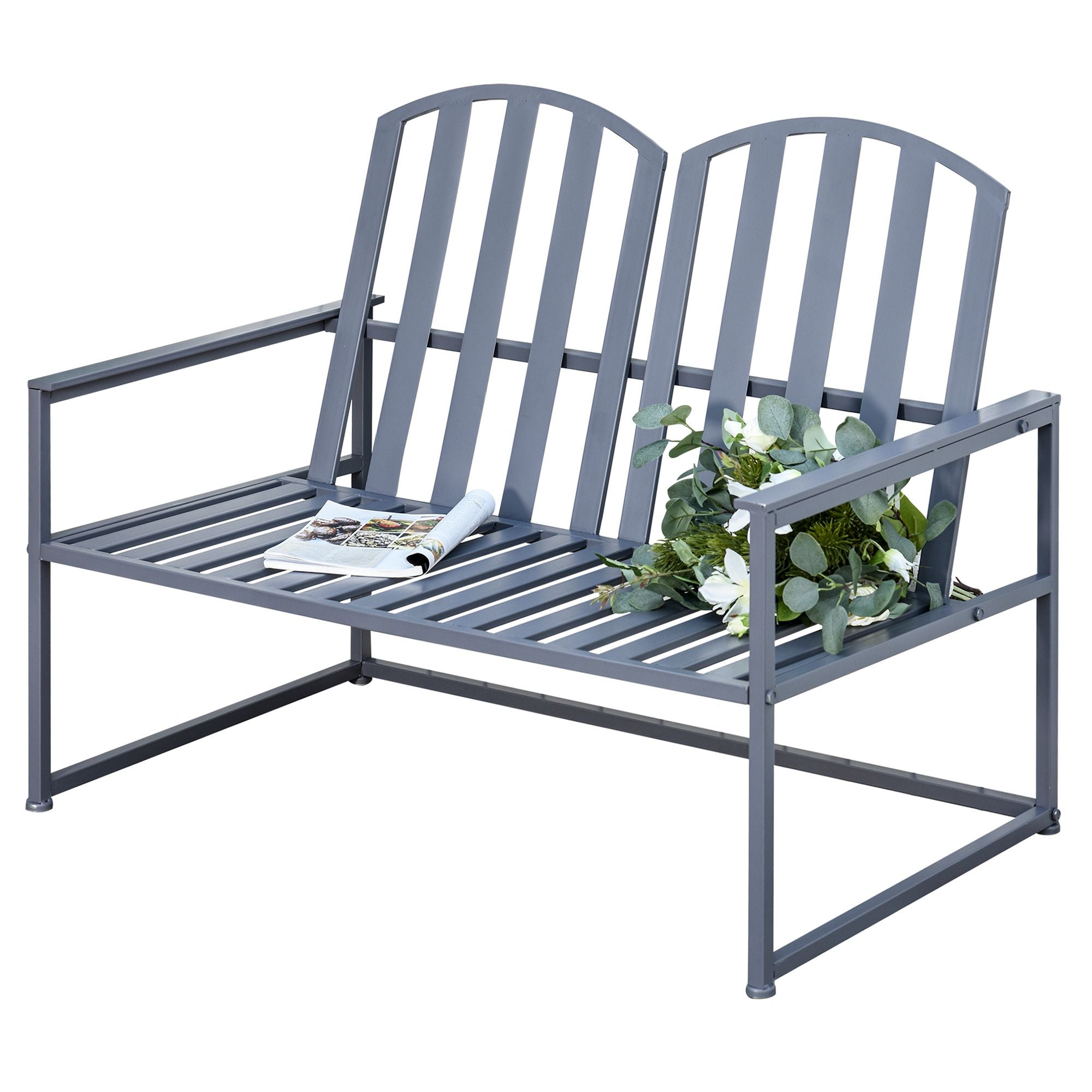 Outsunny Steel Patio Garden Bench Loveseats for Outdoors Park Yard Slatted Design Grey - North Peak Garden Furniture