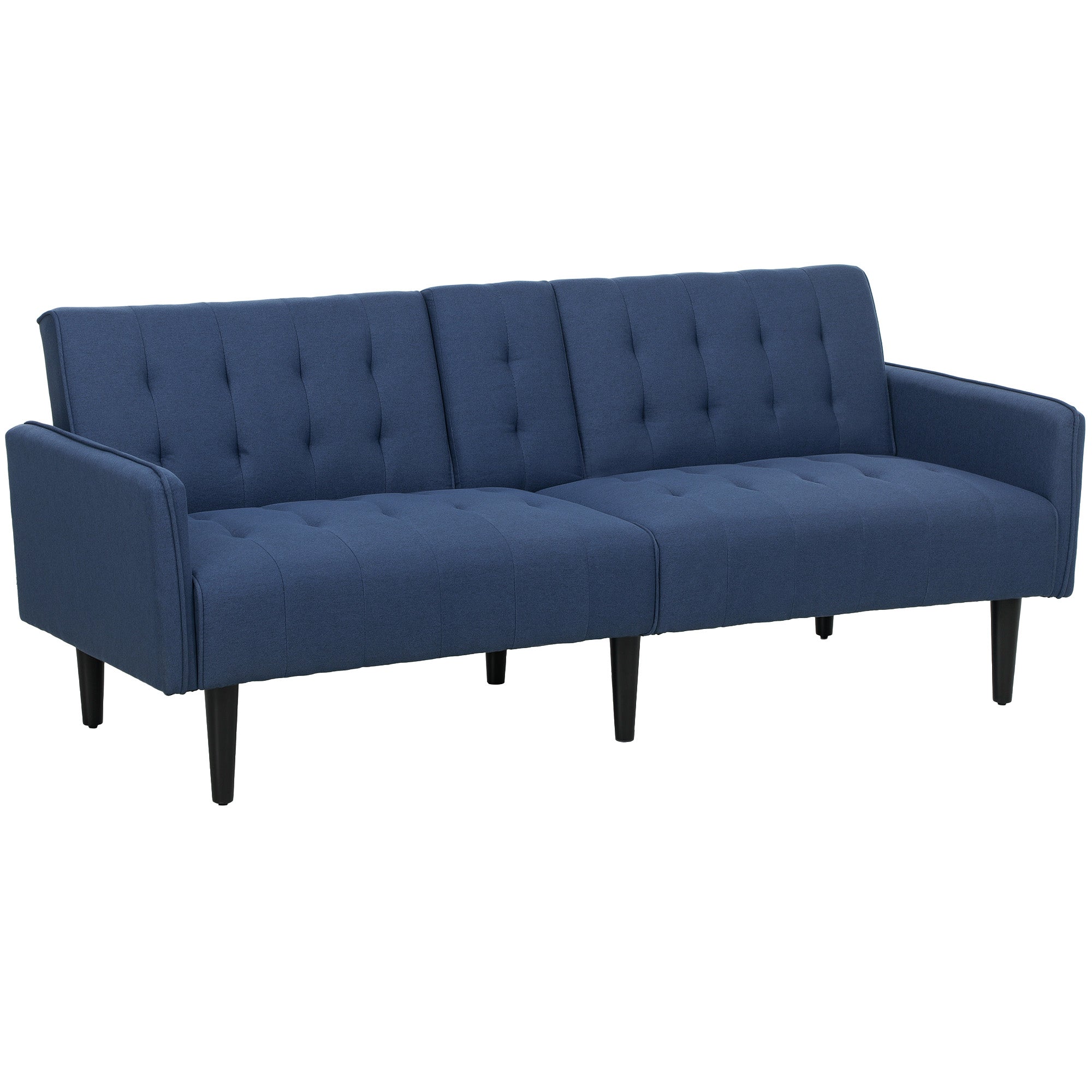 HOMCOM Upholstered Click Clack Sofa Bed, Linen-Feel 3 Seater Sofa Bed with Storage and Cupholders, Dark Blue - North Peak Garden Furniture