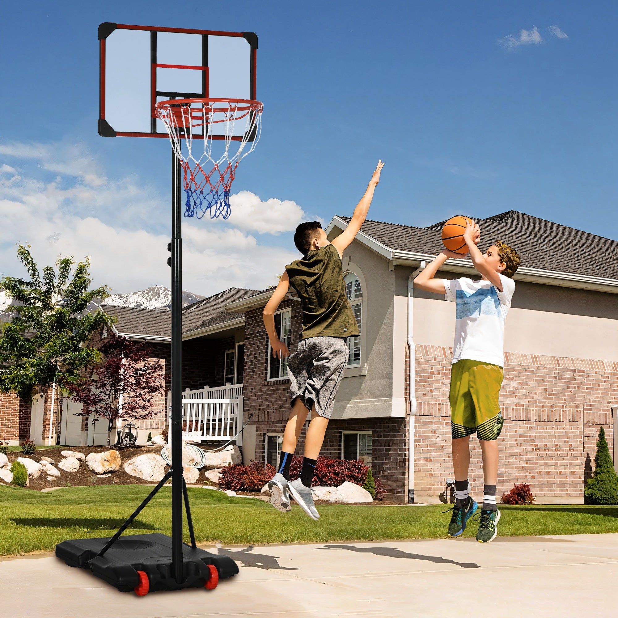 SPORTNOW Height Adjustable Basketball Hoop and Stand with Firm Backboard and Weighted Base, Portable on Wheels, Red - North Peak Garden Furniture