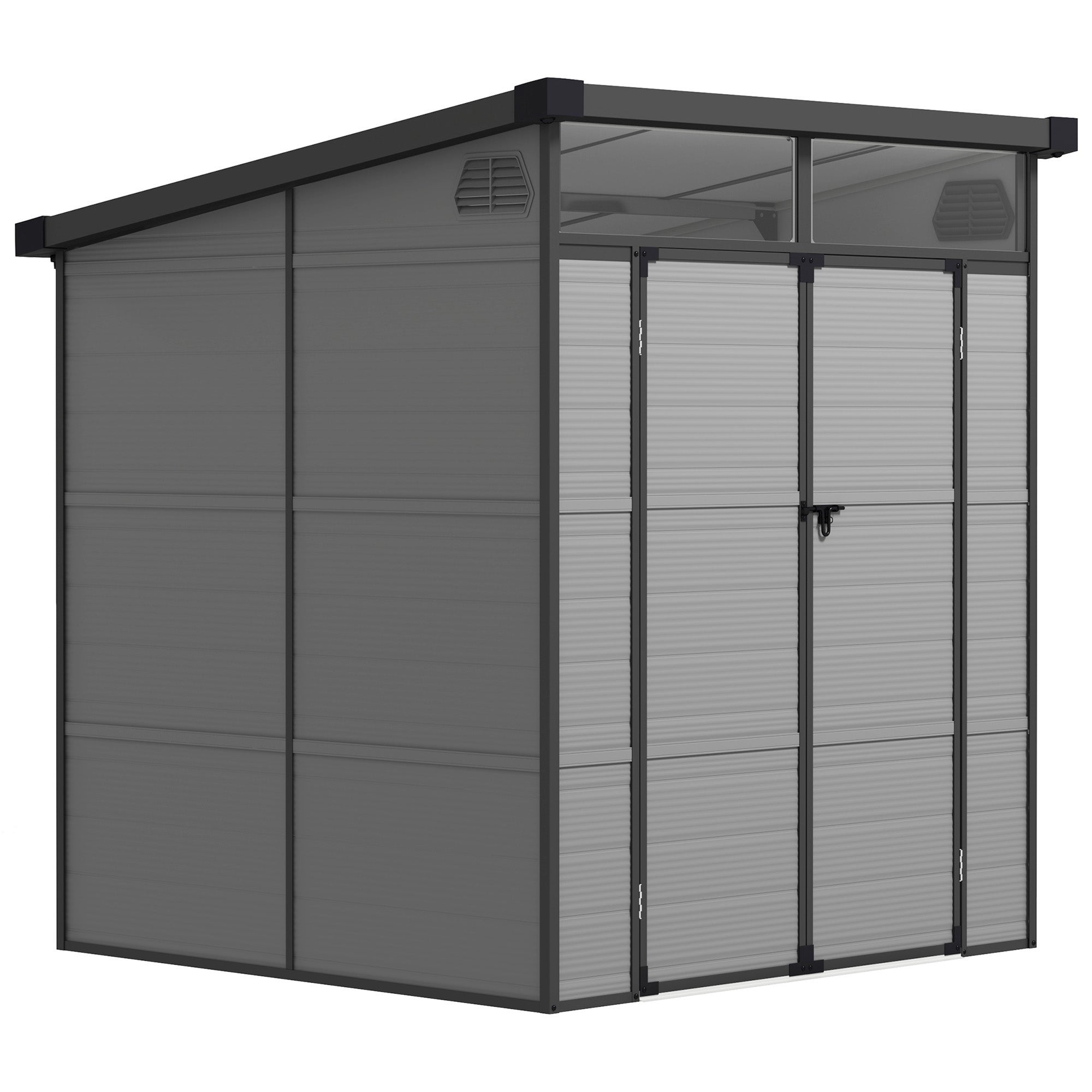 Outsunny 6 x 6ft Outdoor Storage Shed, Plastic Garden Shed with Windows and Air Vents, Outdoor Resin Tool Shed with Latch Doors for Garden, Deck, Light Grey - North Peak Garden Furniture