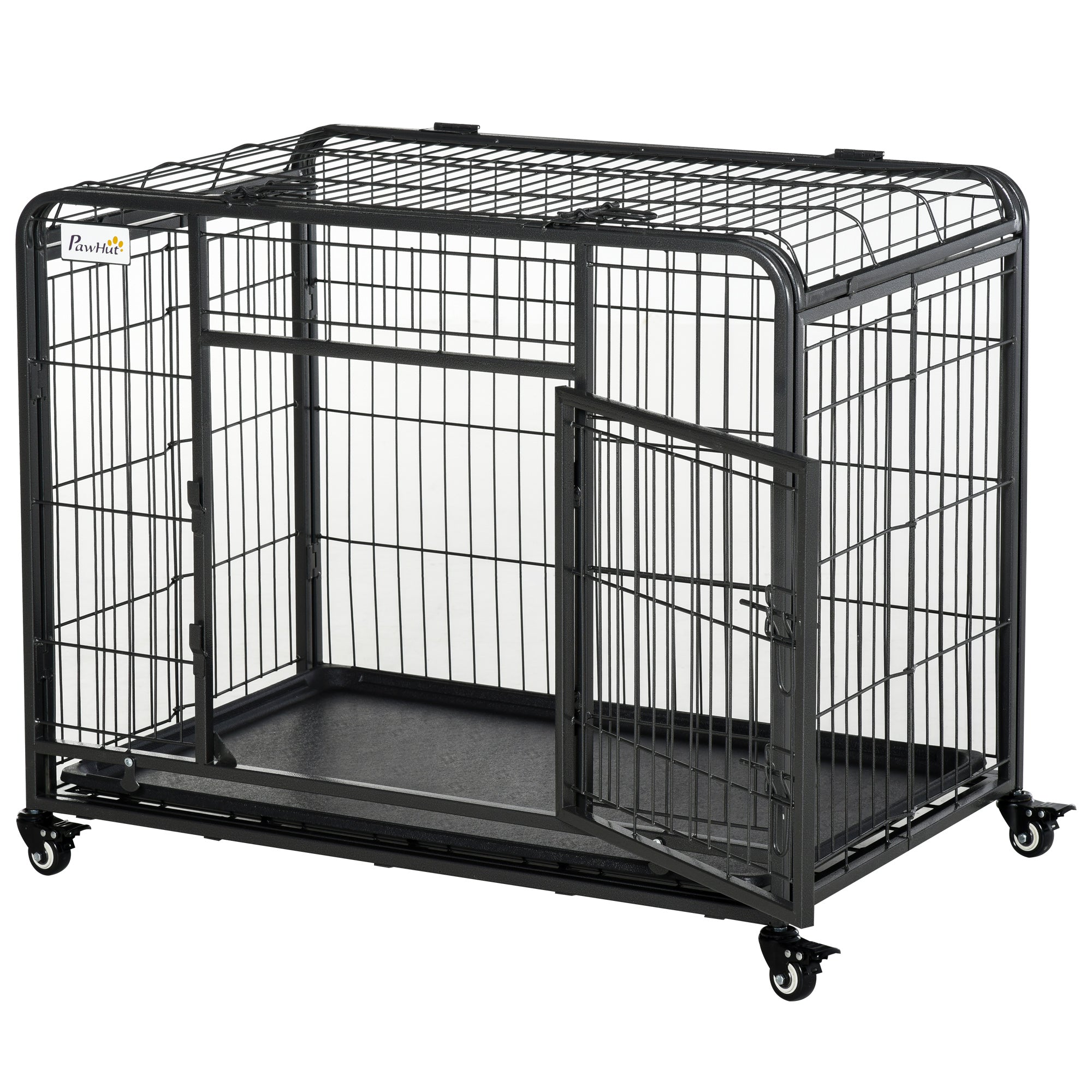 PawHut Metal Dog Cage Kennel Locking Door & Wheels Removable Tray Openable Top For Medium Pets 94 x 58 x 69.5 cm - North Peak Garden Furniture
