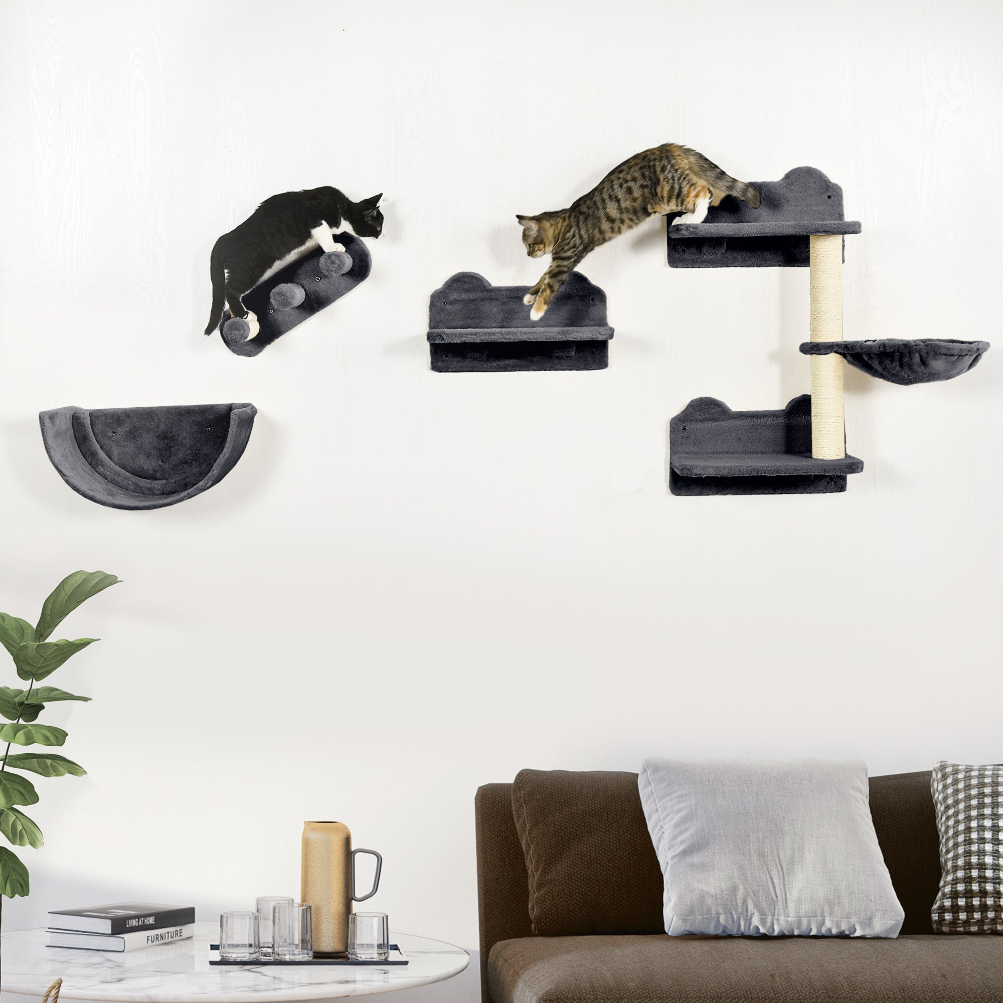 PawHut 4PCs Wall-Mounted Cat Shelves w/ Scratching Post, Hammock, Nest - Dark Grey - North Peak Garden Furniture