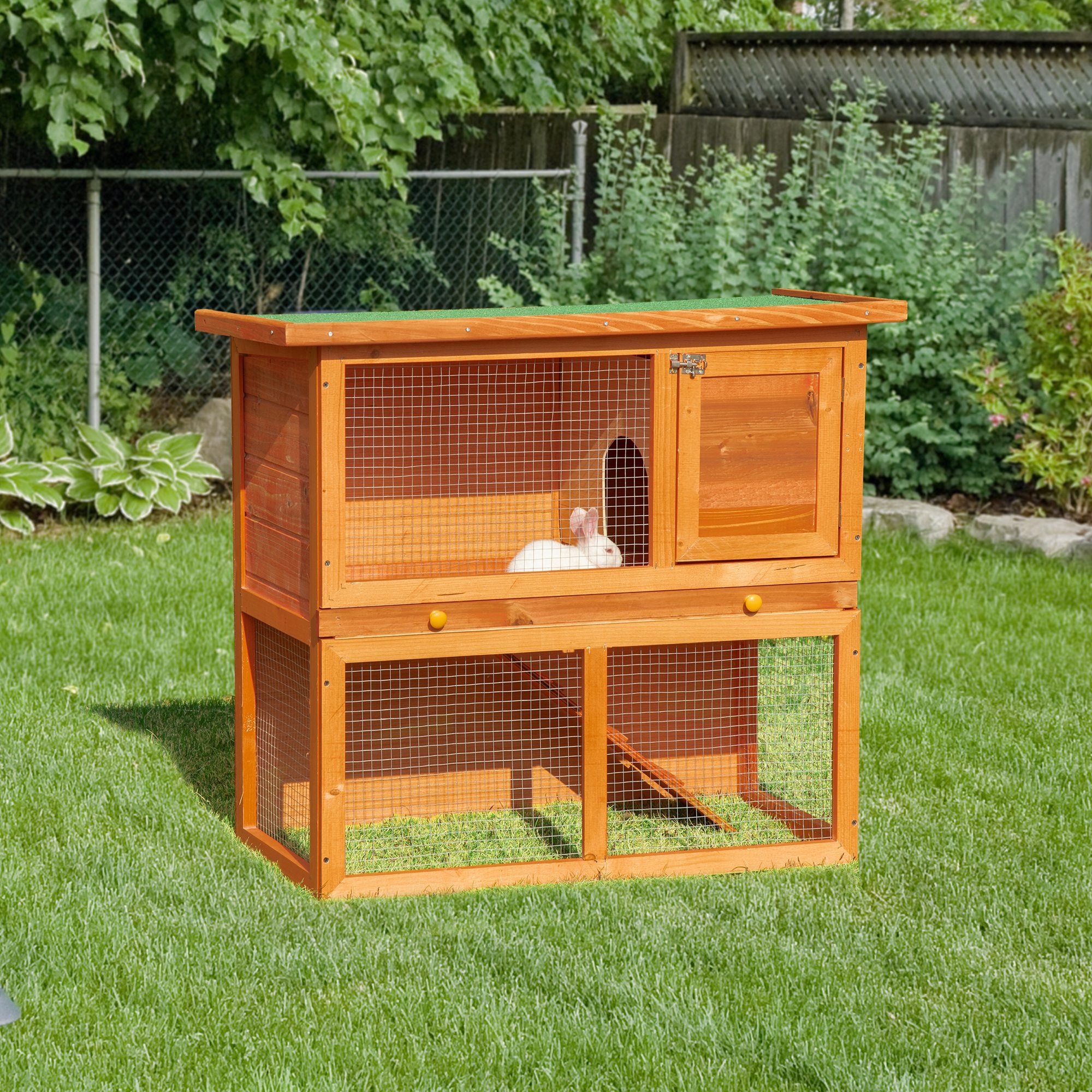 PawHut Rabbit Hutch Outdoor Guinea Pig Hutch Wooden Pet Cage Run 2-Tier with Opening Top, 90 x 45 x 80cm - North Peak Garden Furniture