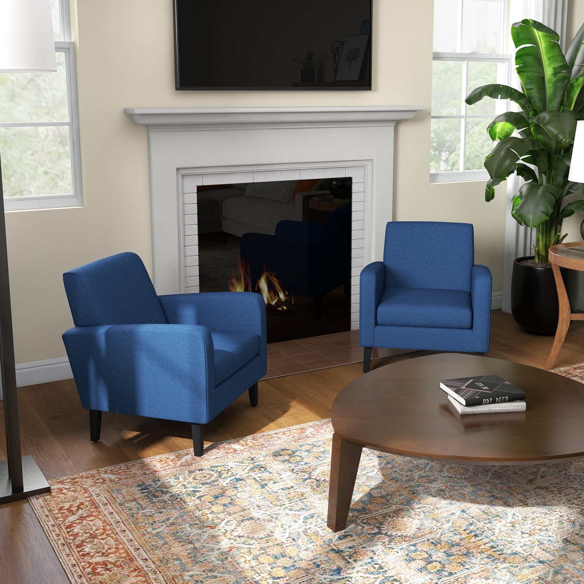 HOMCOM 2 Pieces Modern Armchairs with Rubber Wood Legs, Upholstered Accent Chairs, Single Sofa for Living Room, Bedroom, Blue - North Peak Garden Furniture