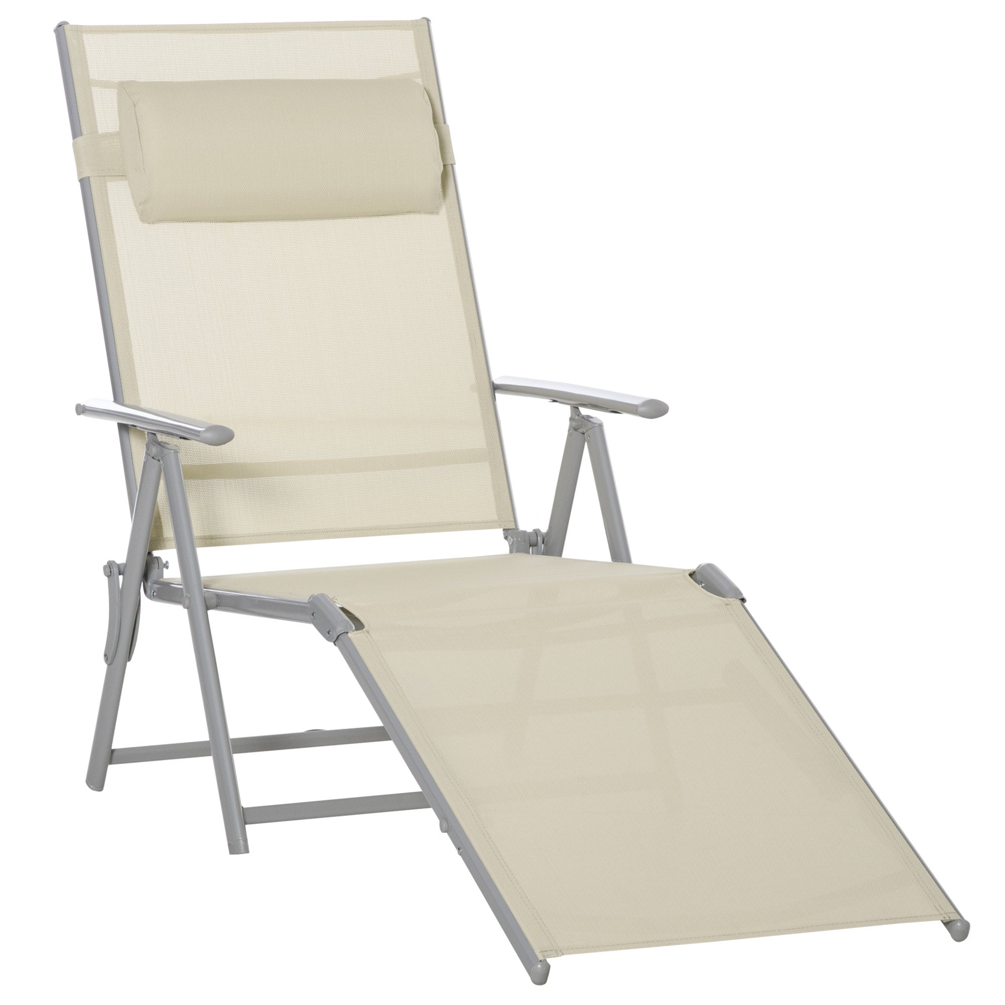 Outsunny Steel Fabric Sun Lounger Outdoor Folding Chaise Lounge Chair Recliner with Portable Design & 7 Adjustable Backrest Positions - Beige - North Peak Garden Furniture