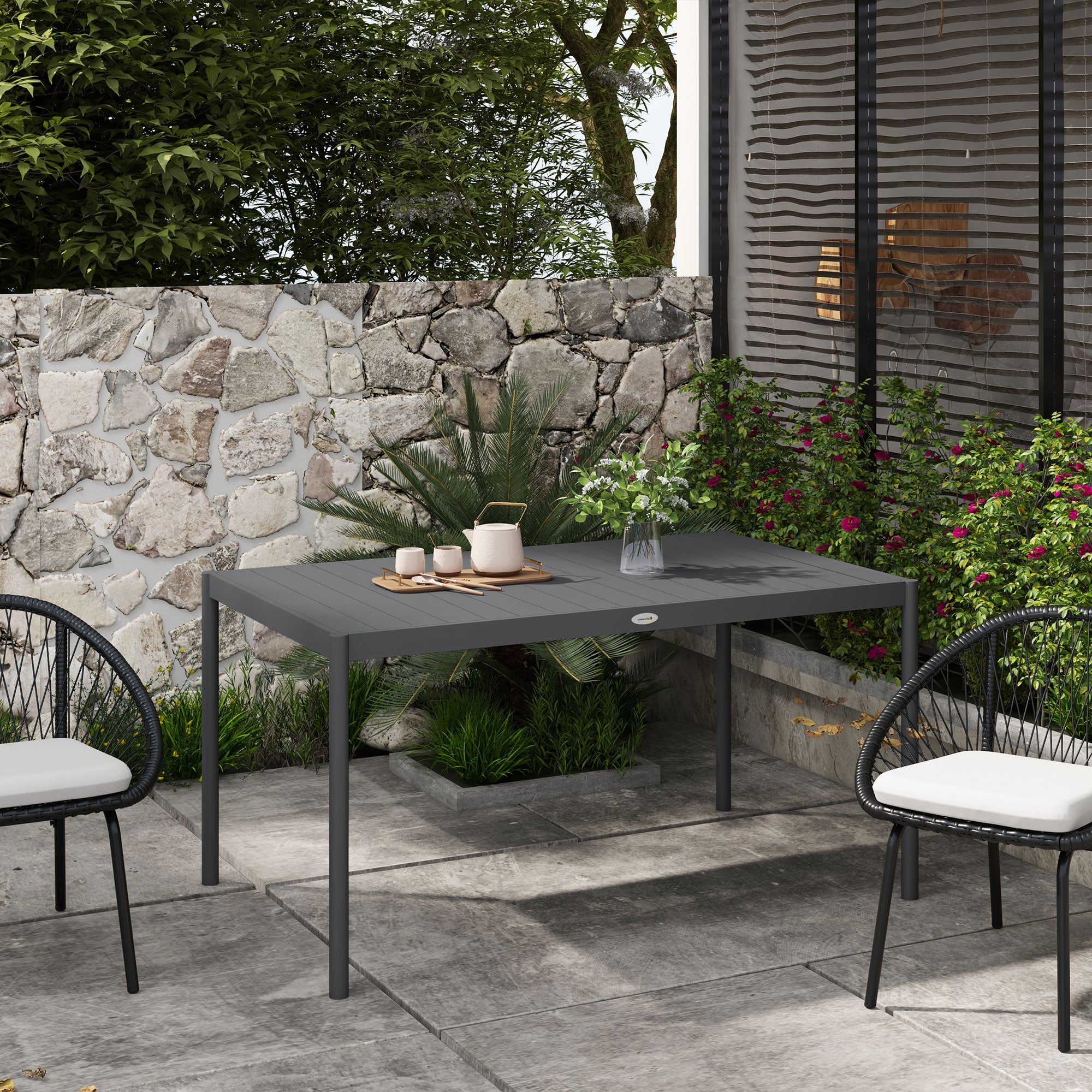 Outsunny Six-Seater Outdoor Table with Slatted Aluminium Top and Steel Legs - North Peak Garden Furniture