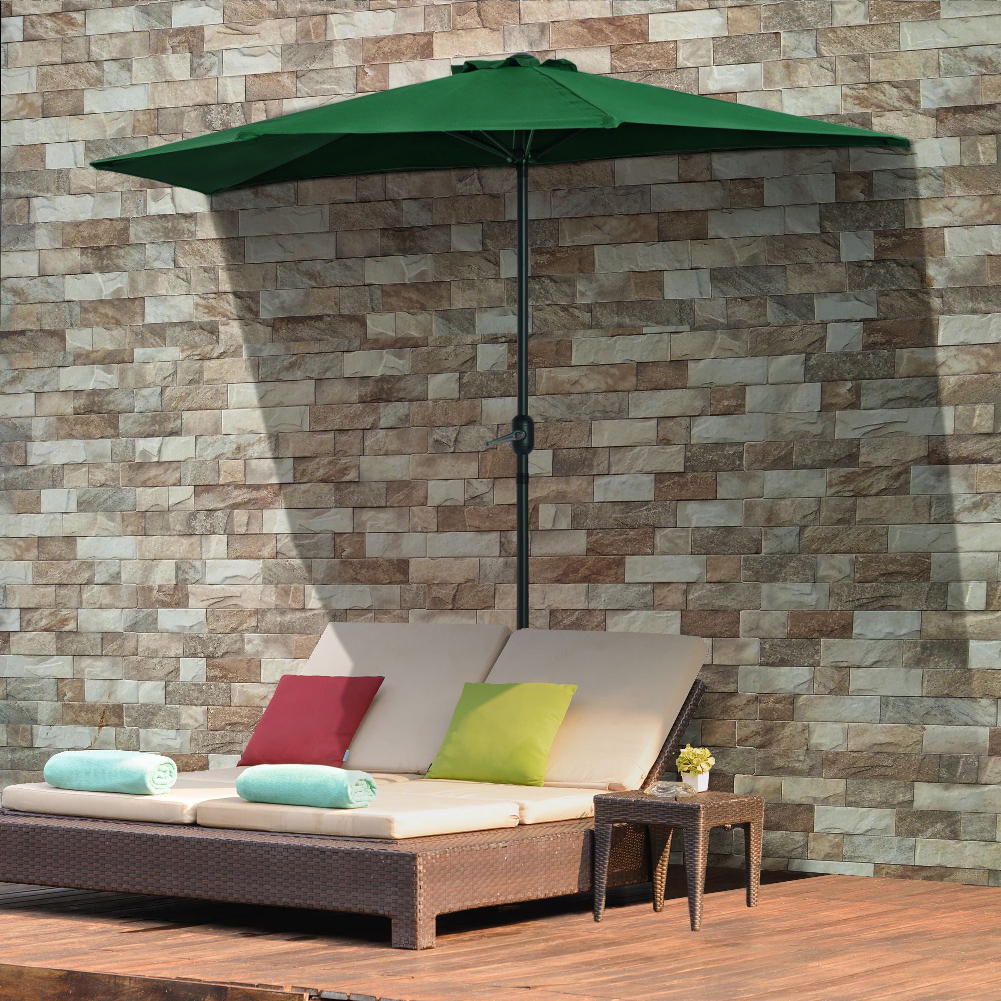 Outsunny 3(m) Half Parasol Semi Round Umbrella Patio Metal Frame Crank Handle for Balcony-- NO BASE INCLUDED, Green - North Peak Garden Furniture