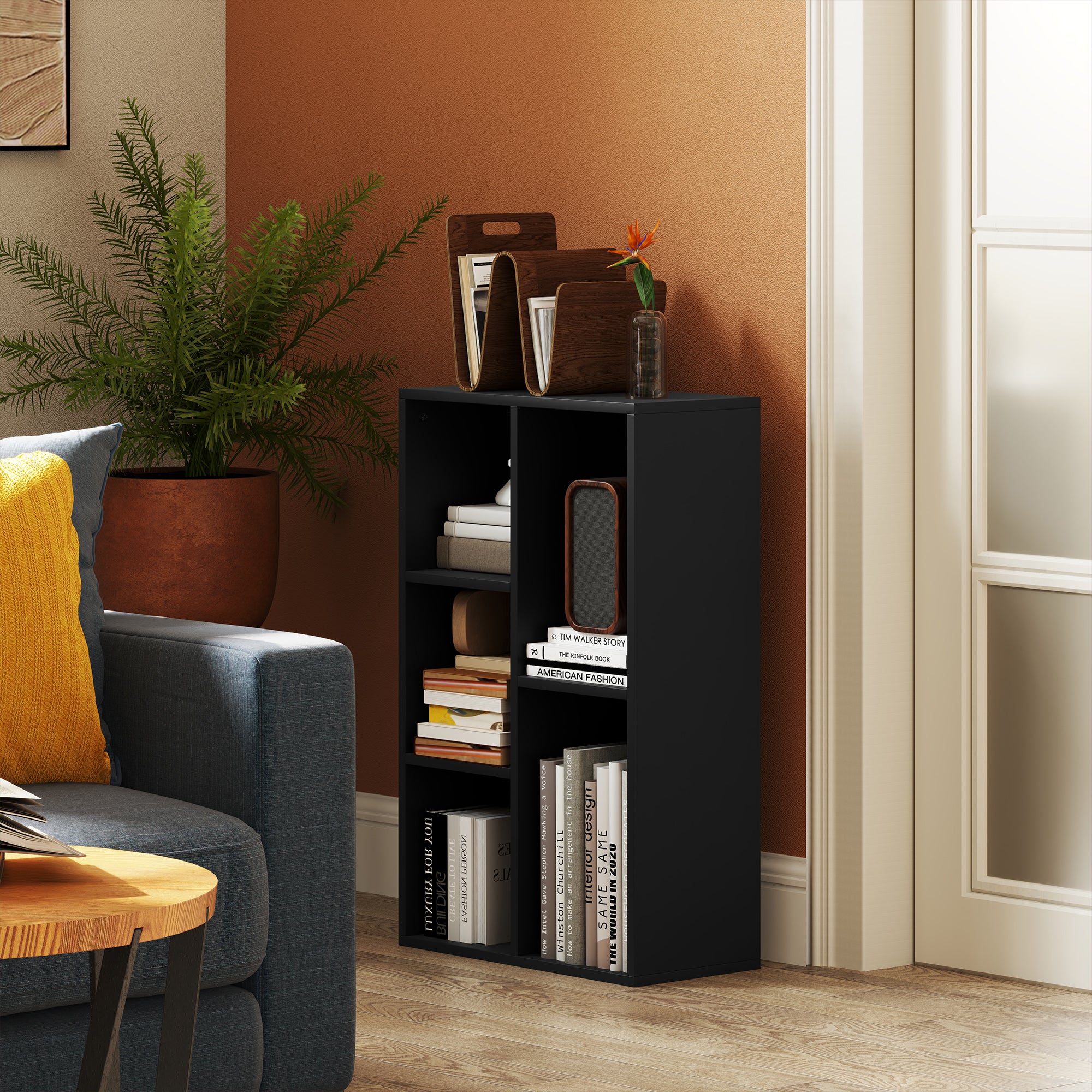 HOMCOM 2-Tier Bookshelf with 5 Compartments - Black - North Peak Garden Furniture