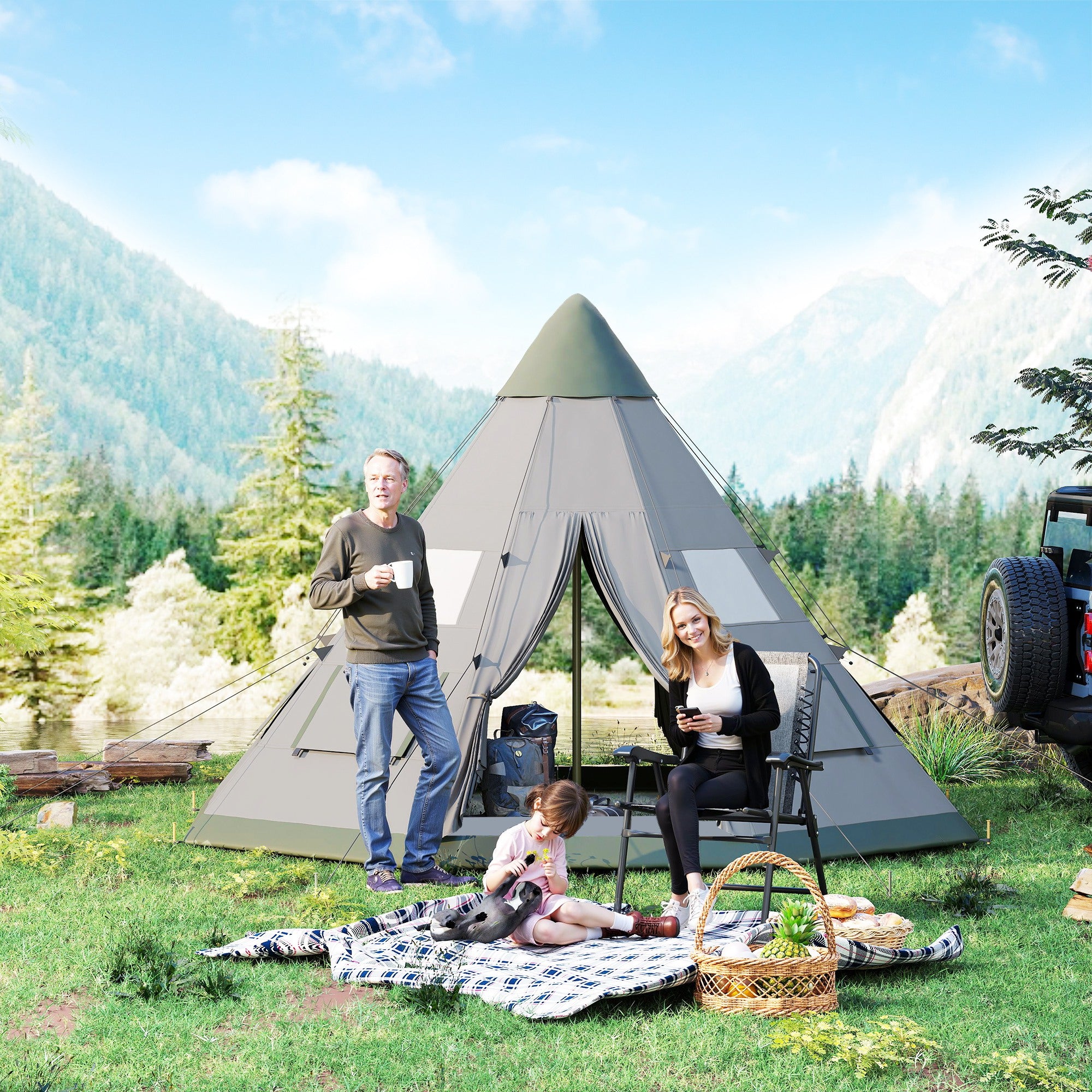 Outsunny 6 Men Tipi Tent, Camping Tent, Teepee Family Tent with Mesh Windows, Sewn-in Tent Floor, Two Doors and Carry Bag, Easy Set Up, for Hiking Picnics Outdoor Night, Gray