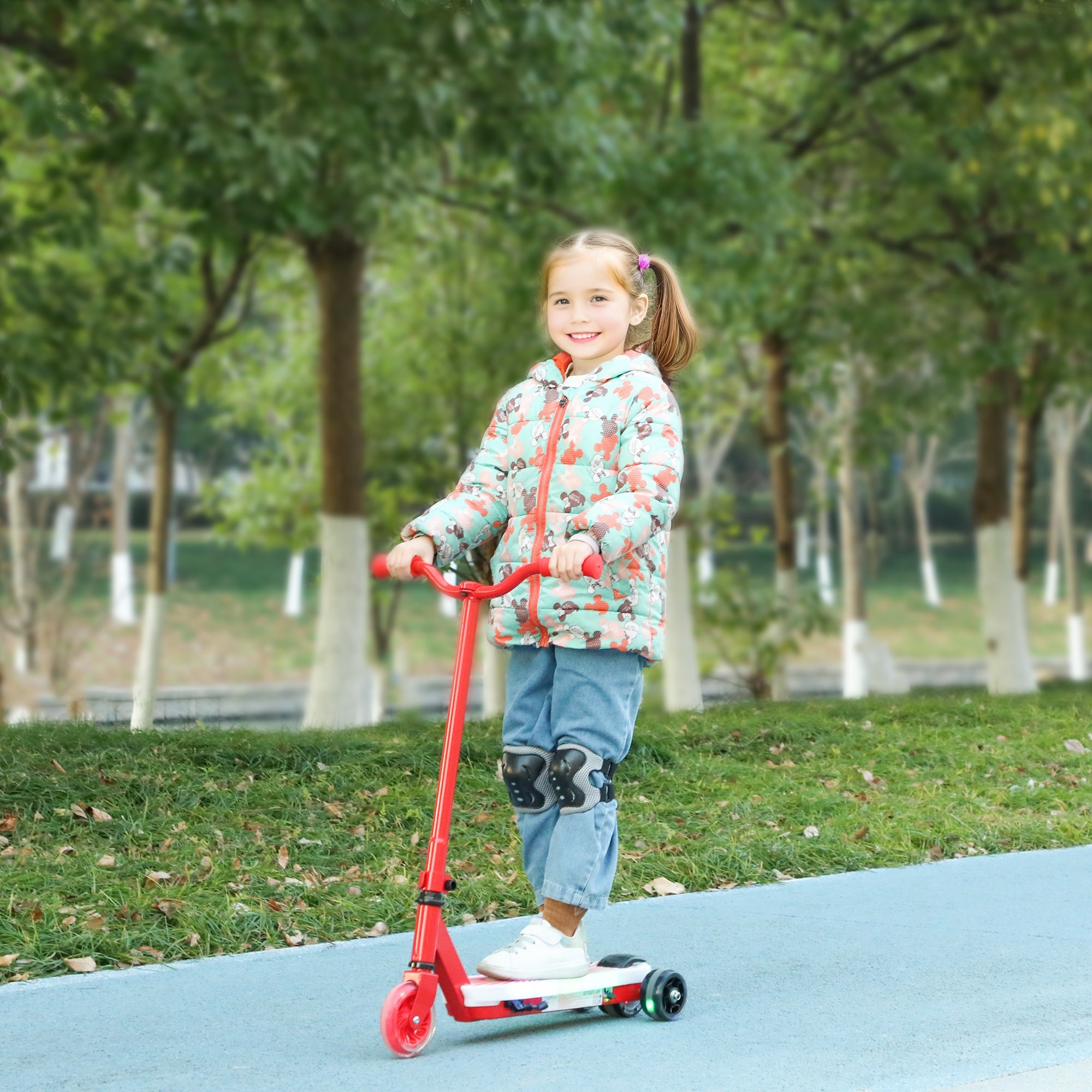 AIYAPLAY Electric Scooter for Kids Ages 4-7, with Auxiliary Rear Wheels, Flashing LED Light and Electric Brake, Kids Electric Scooter for Boys Girls, 6 KM/H & 8 KM, Red - North Peak Garden Furniture