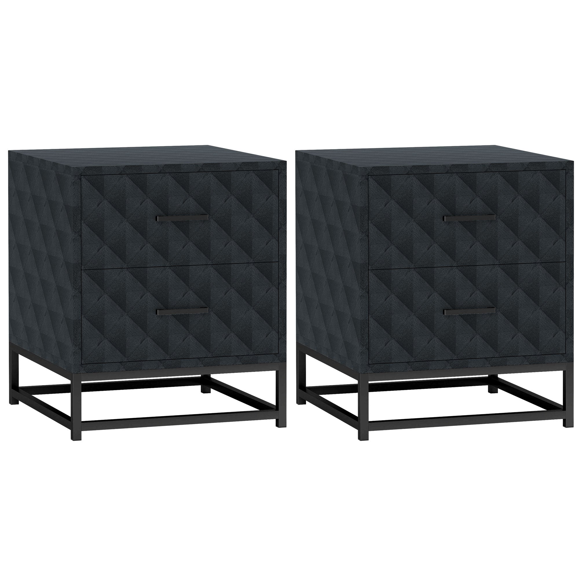 HOMCOM Bedside Tables Set of 2, Modern Bedside Table Nightstand with 2 Drawers, Bedside Cabinet Sofa Side Table with Storage, Steel Legs for Bedroom, Living Room, Black - North Peak Garden Furniture