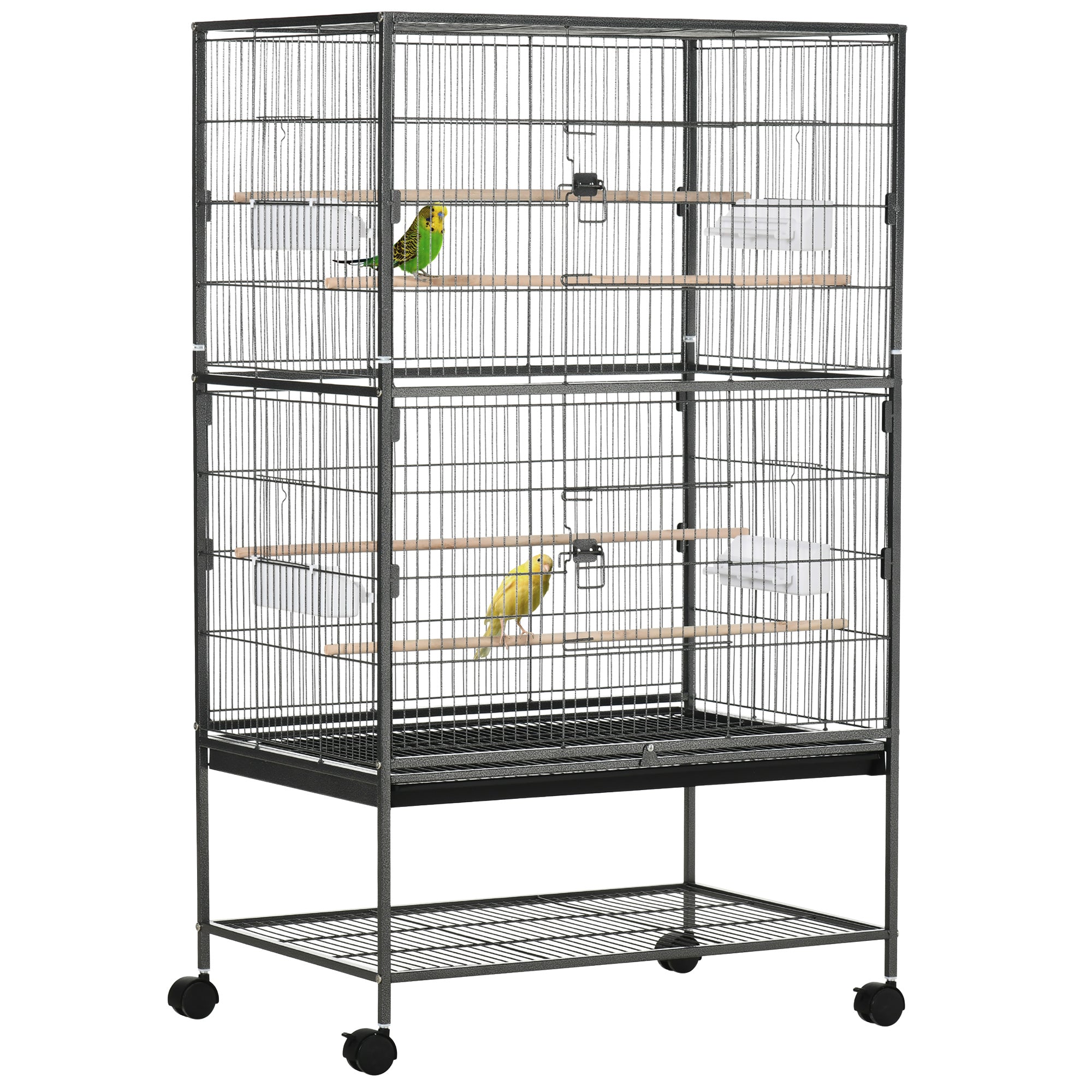 PawHut Large Bird Cage Budgie Cage for Finch Canaries Parakeet with Rolling Stand, Slide-out Tray, Storage Shelf, Food Containers, Dark Grey - North Peak Garden Furniture