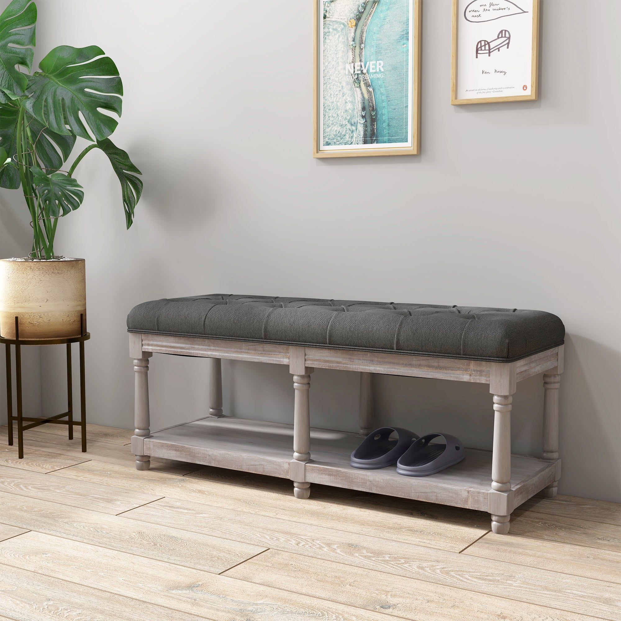 HOMCOM 2-Tier Bed End Bench, Vintage Stool, Wooden Window Seat with Storage Shelf, Button Tufted Upholstered Footstool for Living Room, Bedroom, Entryway, Grey - North Peak Garden Furniture