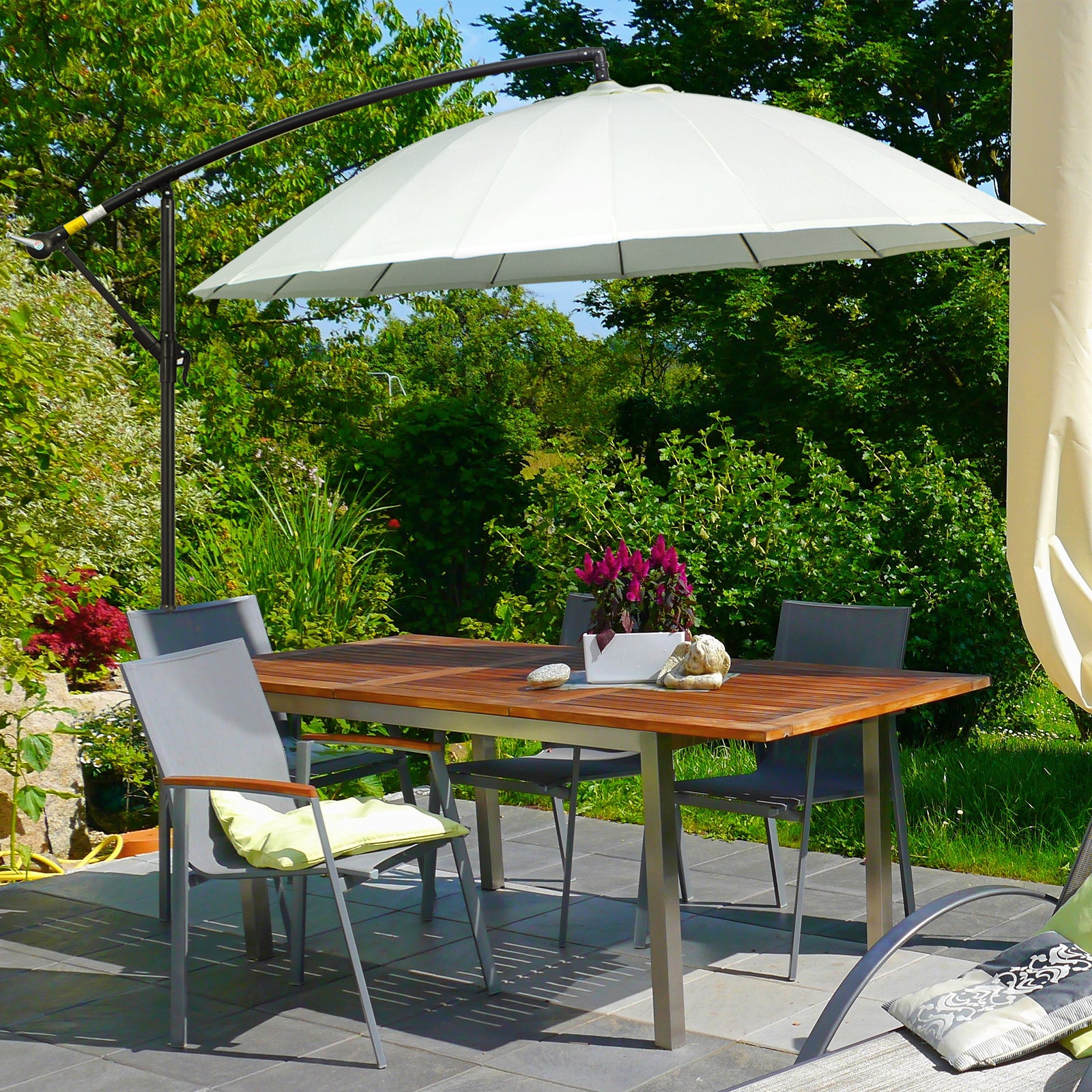 Outsunny 3(m) Cantilever Umbrella 18 Ribs & Vents Adjustable Angle for Patio Cream White - North Peak Garden Furniture