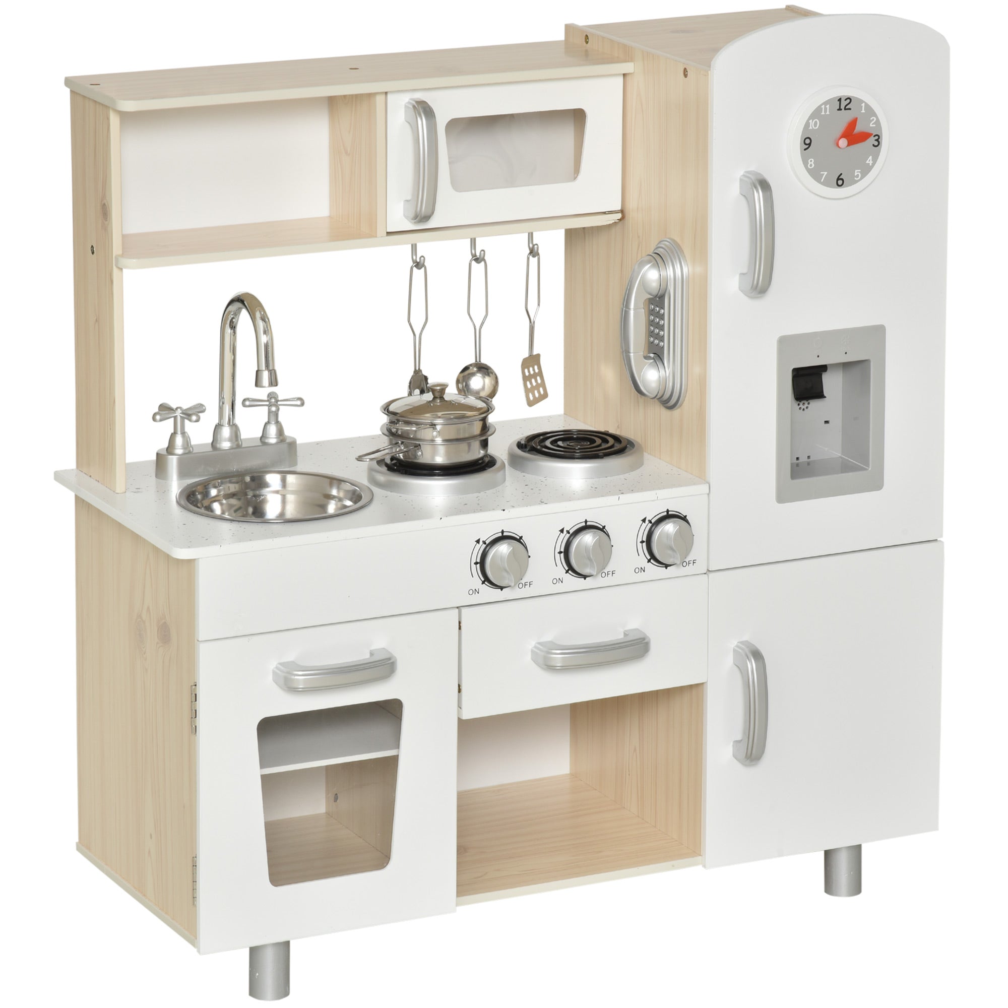 HOMCOM Kids Wooden Pretend Play Toy Kitchen Cooking Set Role Play Phone for Boys Girls White - North Peak Garden Furniture