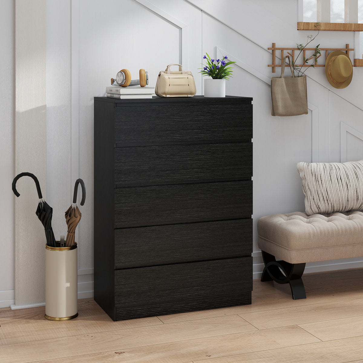 HOMCOM Chest of Drawers, 5 Drawer Dresser, Modern Storage Cabinet with 5 Drawers, for Bedroom, Living Room, Black
