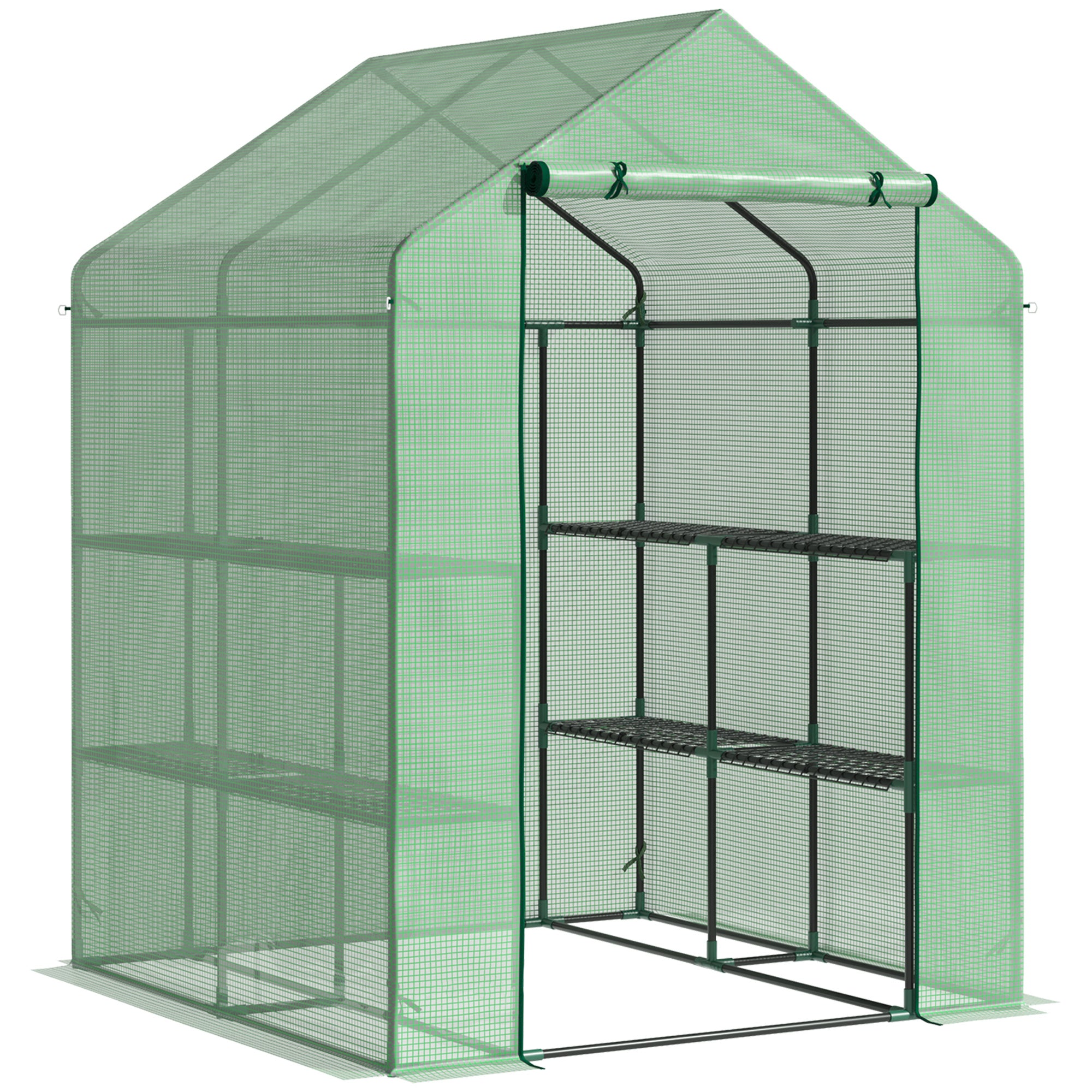 Outsunny Walk in Garden Greenhouse with Shelves Polytunnel Steeple Green house Grow House Removable Cover 143x138x190cm, Green - North Peak Garden Furniture