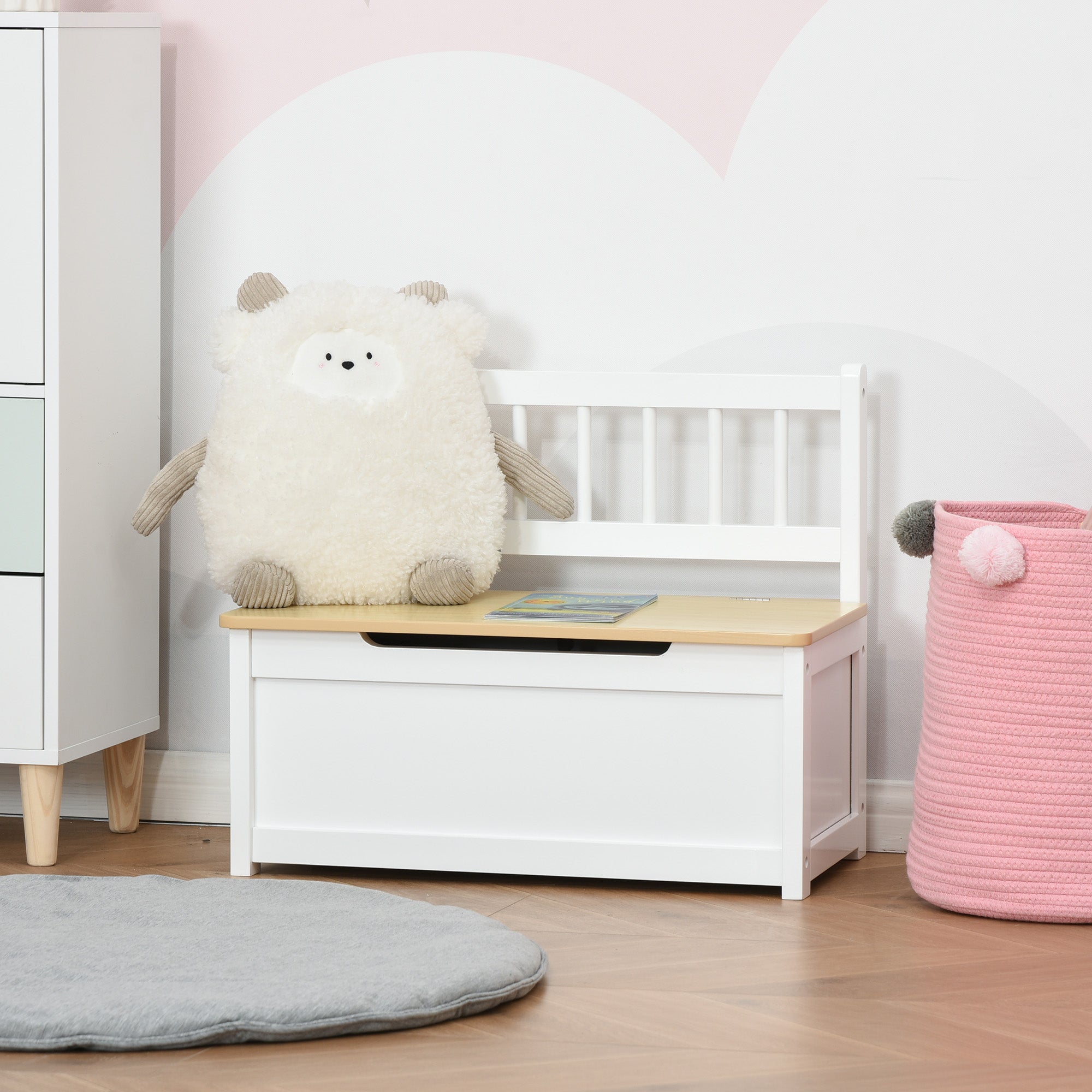 HOMCOM 2 In 1 Wooden Toy Box, Seat Storage Bench, Storage Chest Cabinet Organiser, with Safety Pneumatic Rod - North Peak Garden Furniture