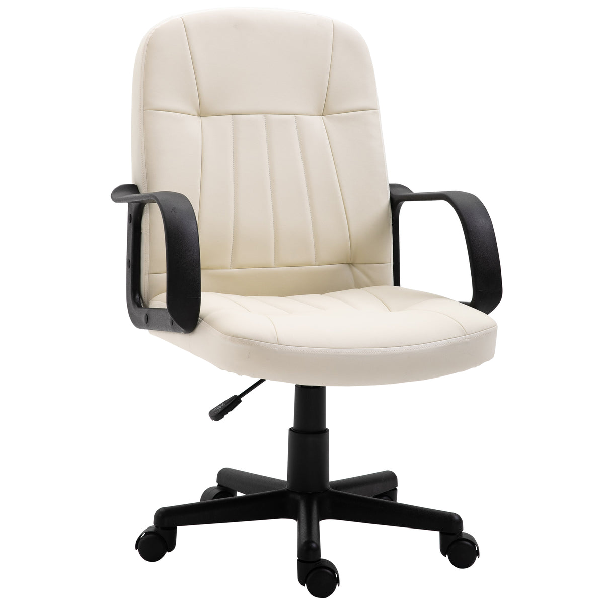 HOMCOM Swivel Executive Office Chair Home Mid Back PU Leather Computer Desk Chair for Adults with Arm, Wheels, Cream - North Peak Garden Furniture