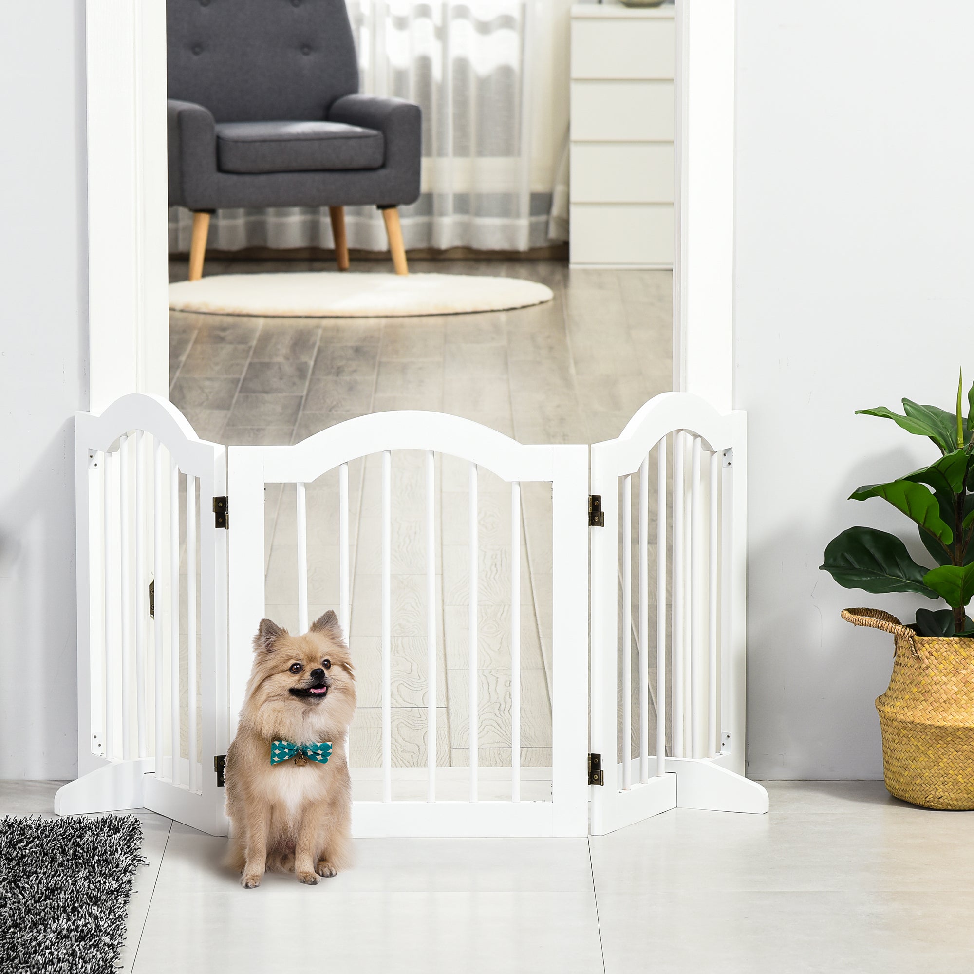 PawHut 3 Panels Dog Gate w/ Support Feet Fence Safety Barrier Freestanding Wood White - North Peak Garden Furniture