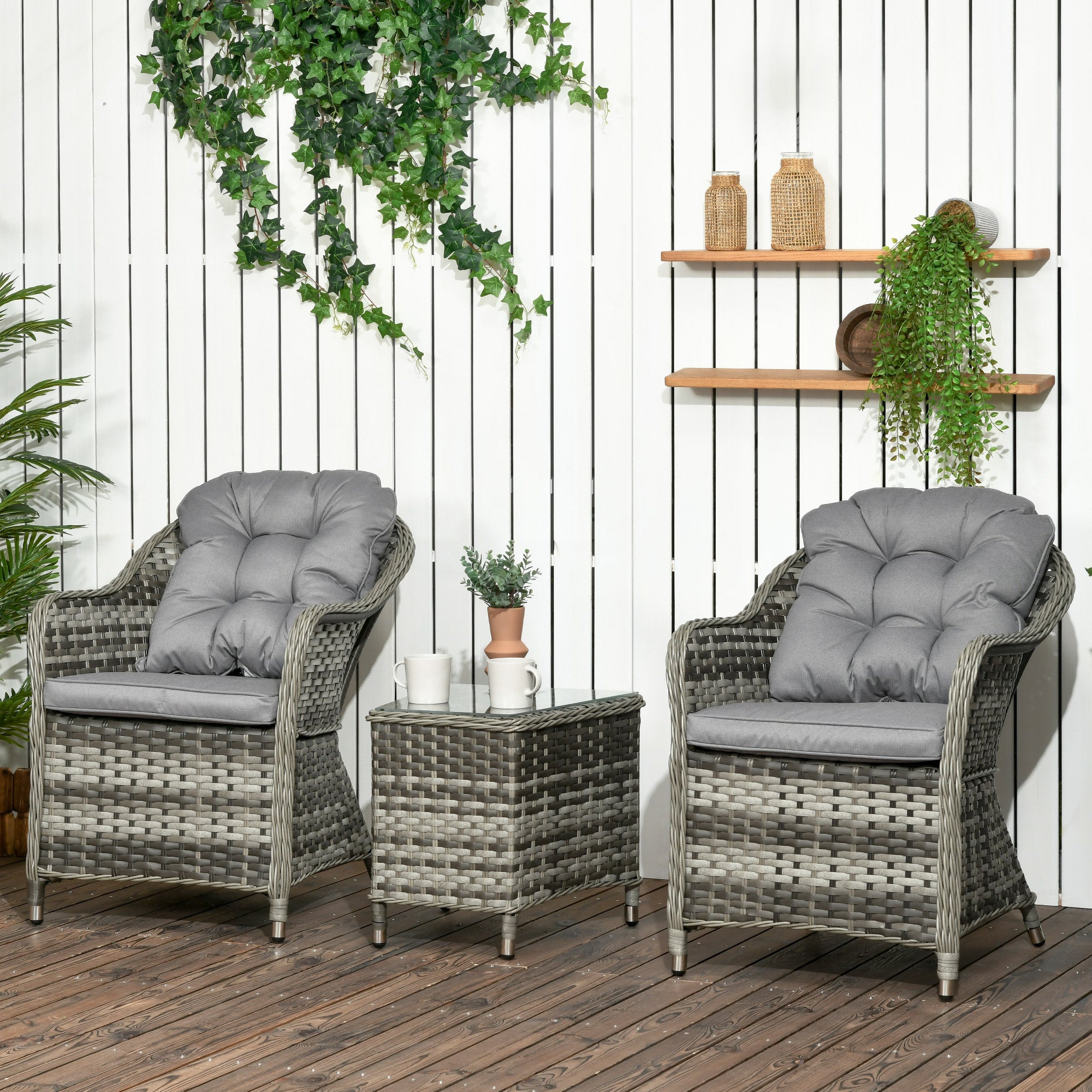 Outsunny 3 Pieces Rattan Bistro Set, Wicker Garden Furniture Set, Glass Top Coffee Table and Chairs with Cushions for Outdoor, Patio, Balcony, Grey - North Peak Garden Furniture