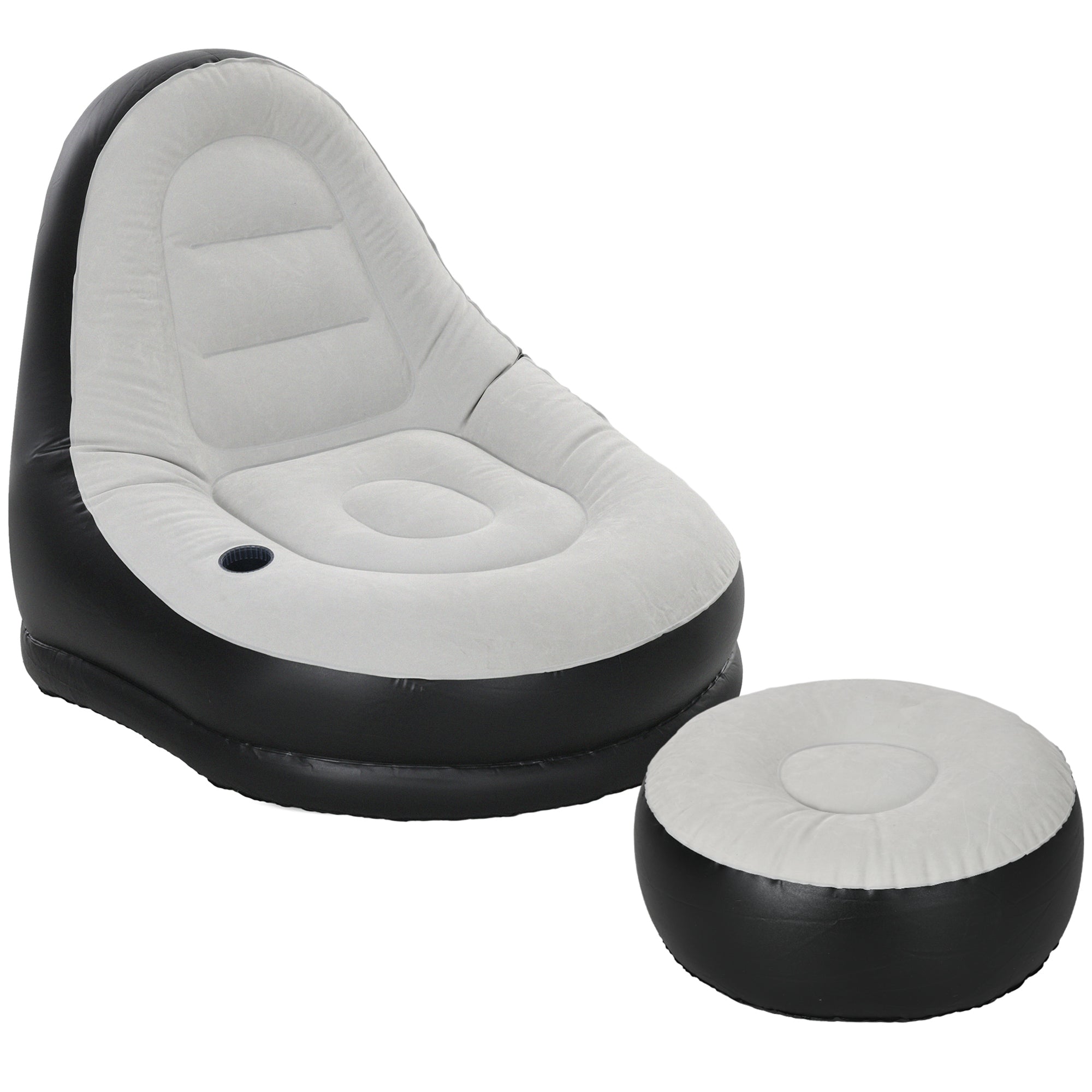 Outsunny Inflatable Sofa Chair and Foot Stool Set with Cup Holder, for Gaming, Reading and Movie Watching, Grey - North Peak Garden Furniture