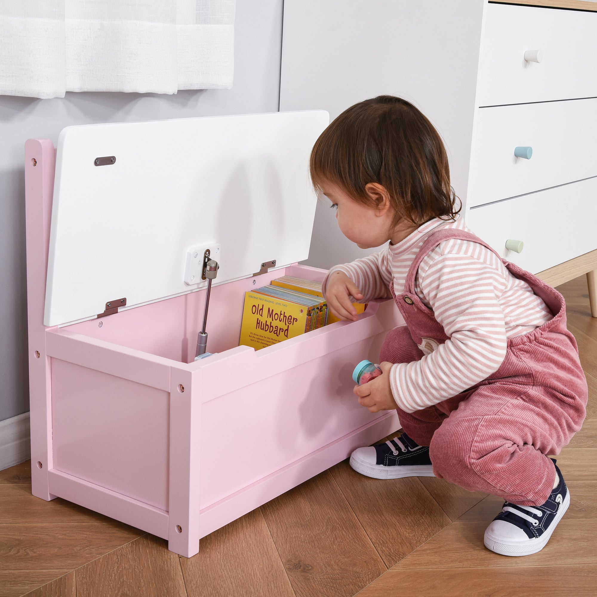 HOMCOM 2 In 1 Wooden Toy Box, Seat Storage Bench, Storage Chest Cabinet Organiser, with Safety Pneumatic Rod - North Peak Garden Furniture