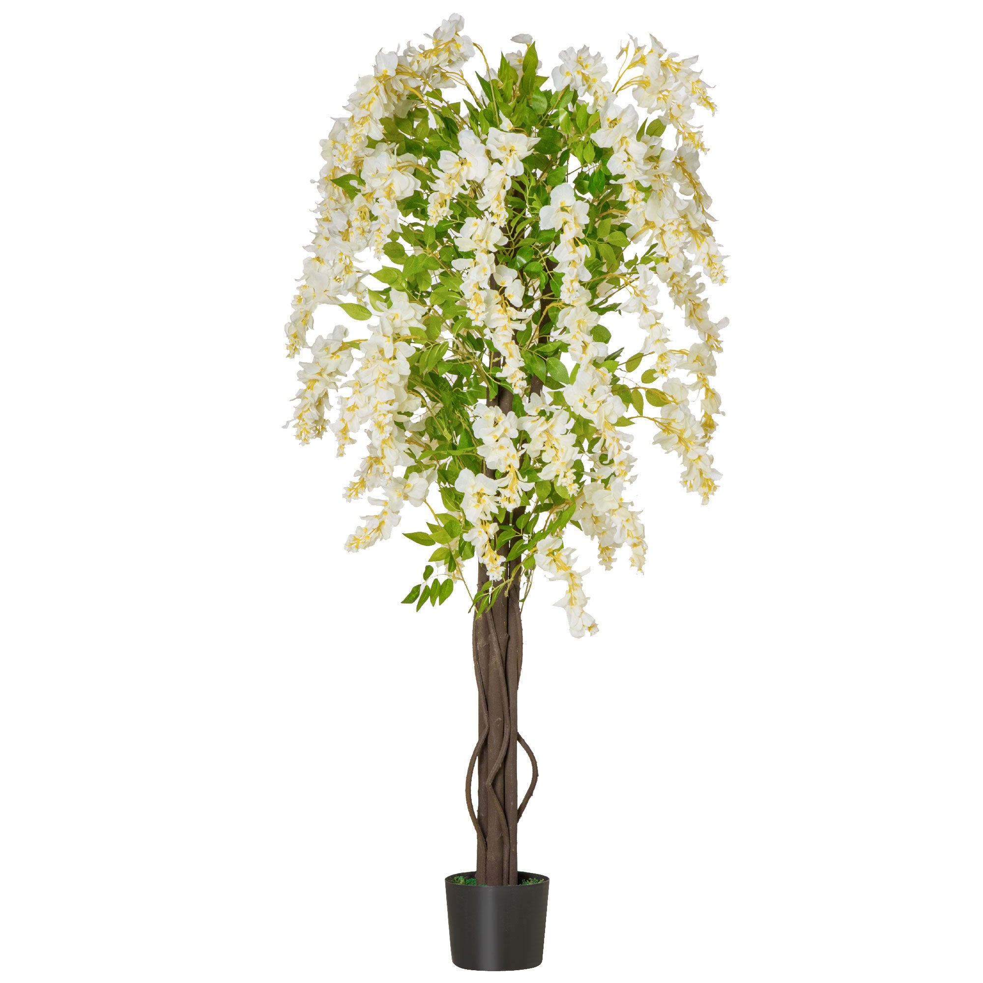 HOMCOM Artificial Realistic White Wisteria Tree Faux Decorative Plant in Nursery Pot for Indoor Outdoor Décor, 160cm - North Peak Garden Furniture