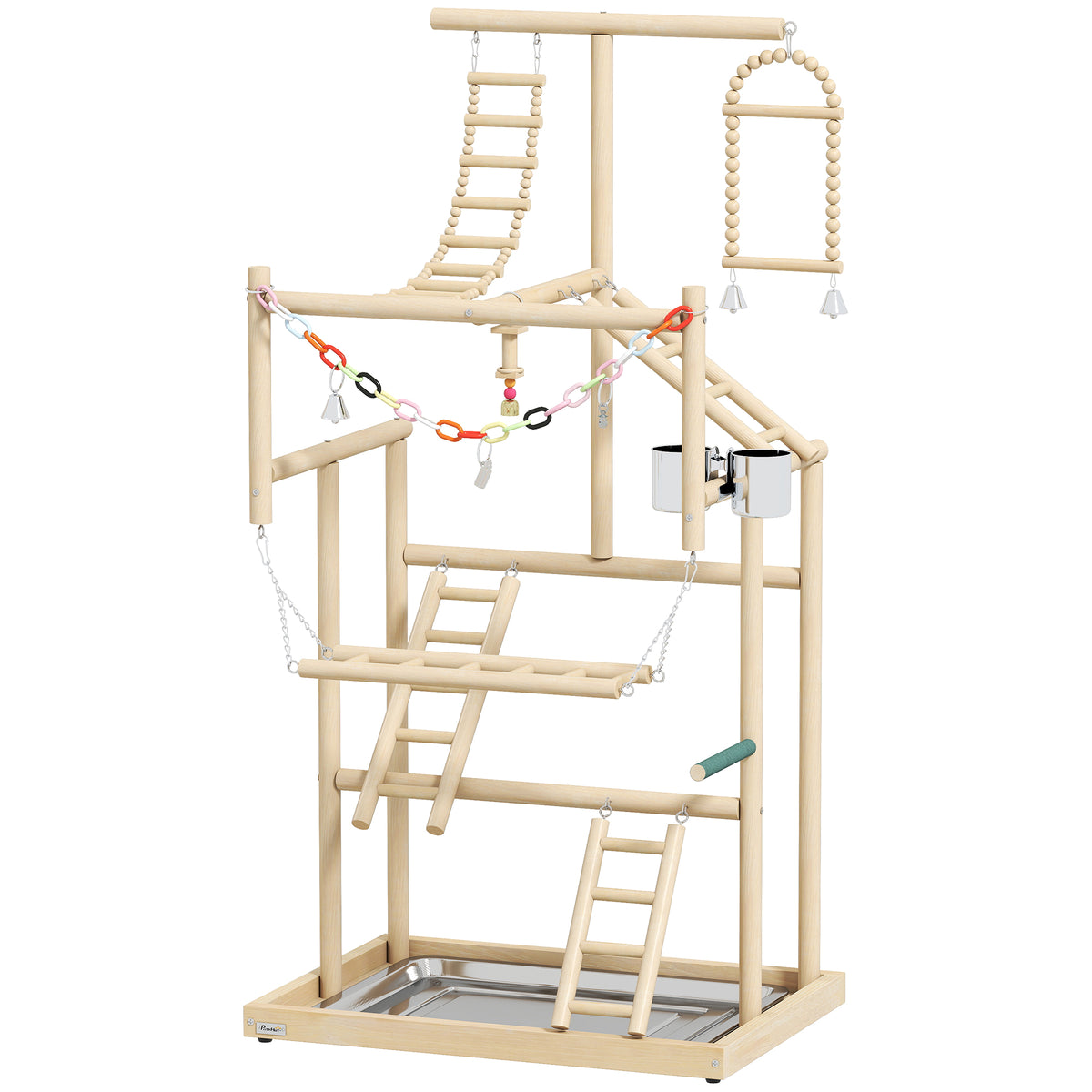 PawHut 95 cm Wooden Bird Playground with Ladders, Chain Toy, Stainless Steel Cups and Tray, Bird Cage Accessories, Natural