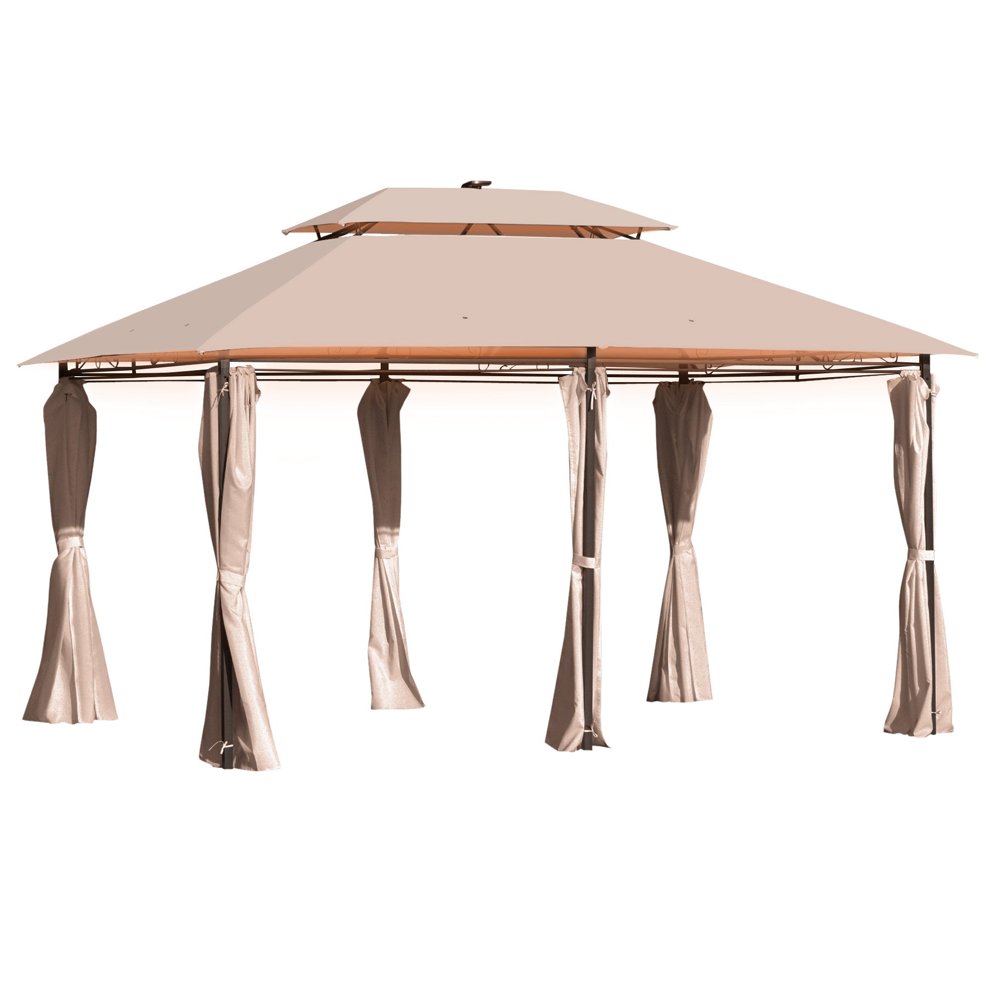 Outsunny 4 x 3(m) Outdoor Gazebo Canopy Party Tent Garden Pavilion Patio Shelter w/ LED Solar Light, Double Tier Roof, Curtains, Steel Frame, Khaki - North Peak Garden Furniture