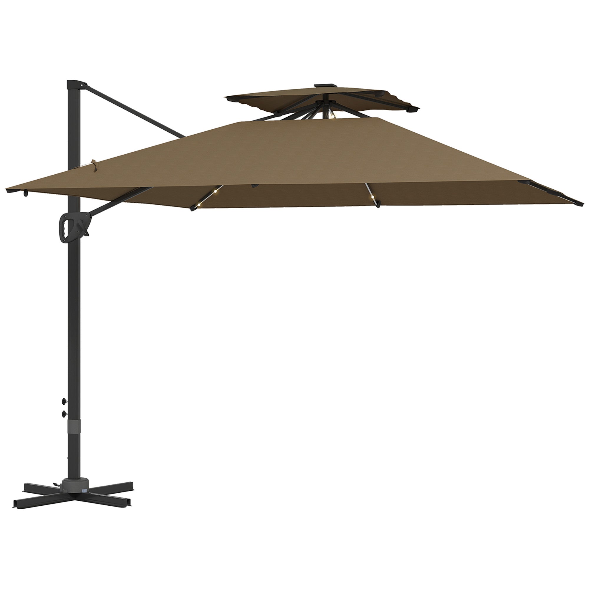 Outsunny 3.5x3 m Garden Cantilever Parasol with Solar LED Lights and Centre Light, Aluminium Large Square Patio Umbrella, UPF50+ Hanging Sun Shade with Cross Base, Crank Handle and Tilt, Khaki - North Peak Garden Furniture