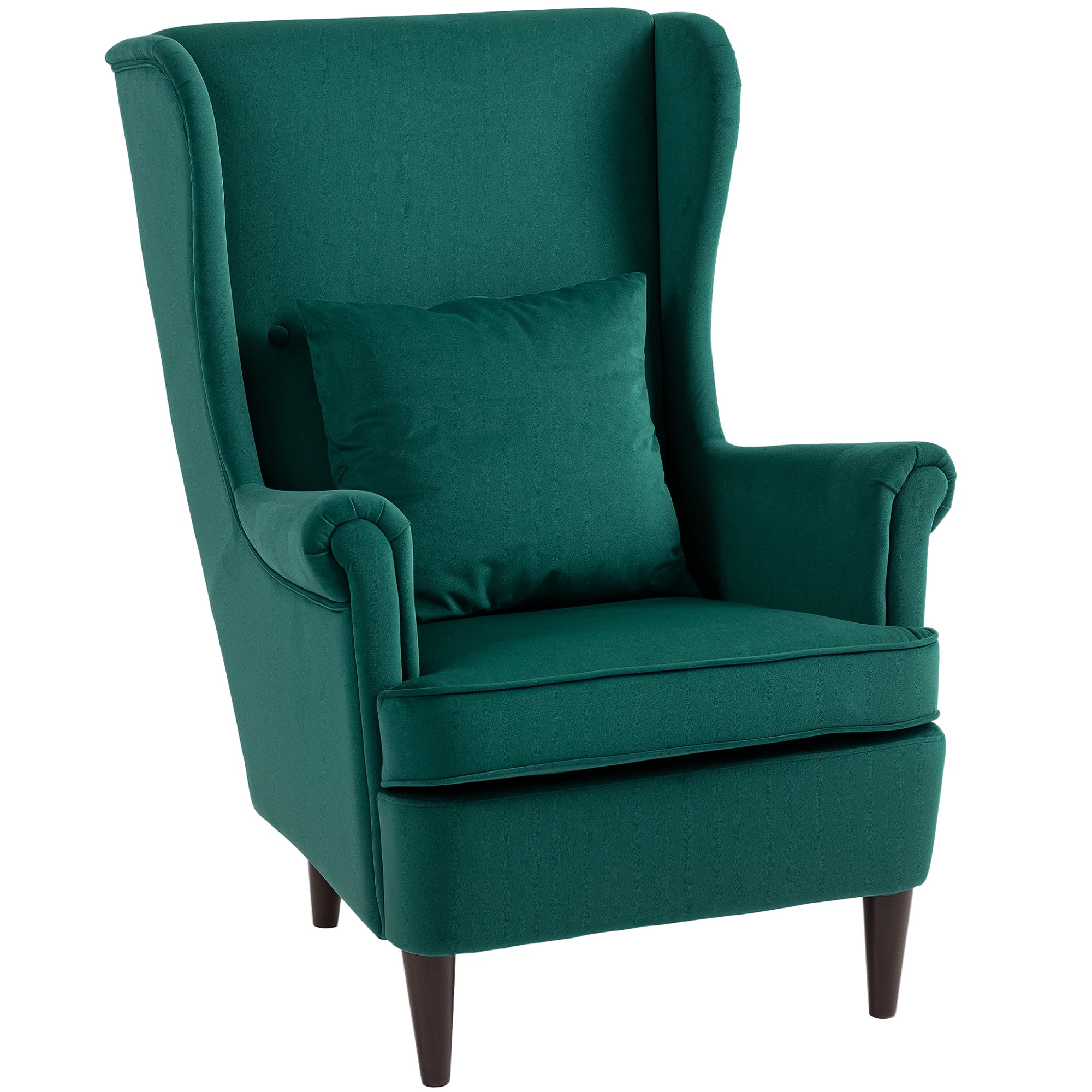 HOMCOM Modern Accent Chair, Upholstered Wingback Armchair with High Backrest and Pillow, Velvet-Feel Fabric Reading Chair with Solid Wood Legs for Living Room, Bedroom, Home Office, Dark Green