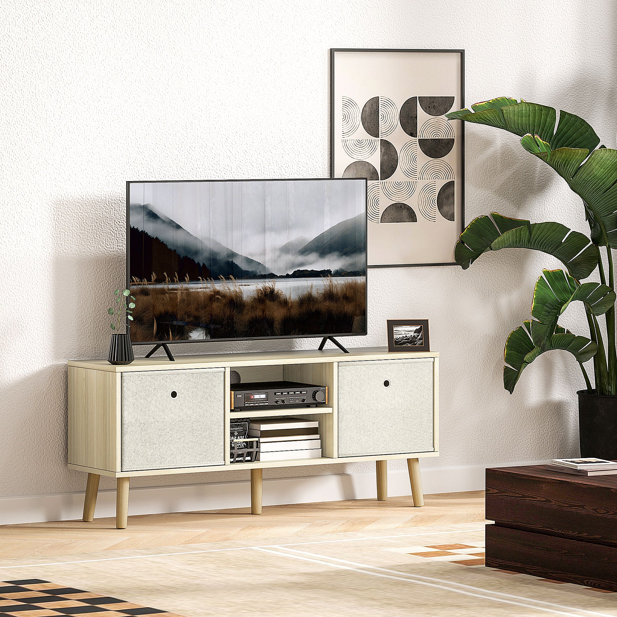 HOMCOM TV Cabinet Stand Unit for TVs up to 50'' with Foldable Drawers, Entertainment Centre for Living Room Natural - North Peak Garden Furniture