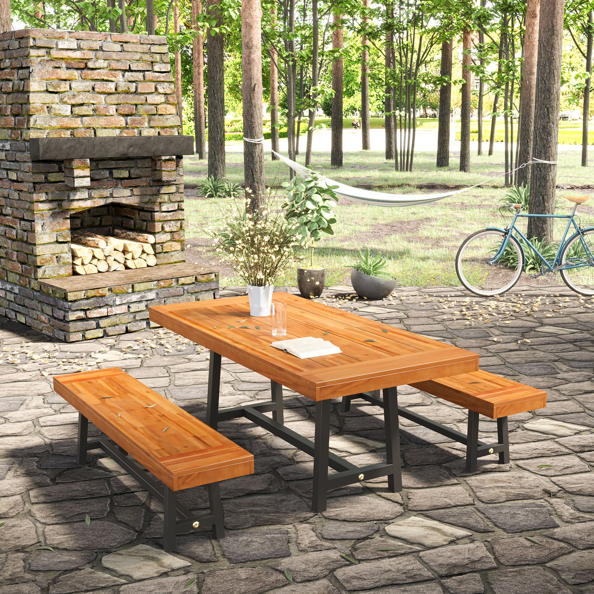 Outsunny Garden 3 Pieces Acacia Wood Picnic Table and 2 Benches Set Dining Trestle Beer Table Patio Outdoor Indoor Furniture - North Peak Garden Furniture