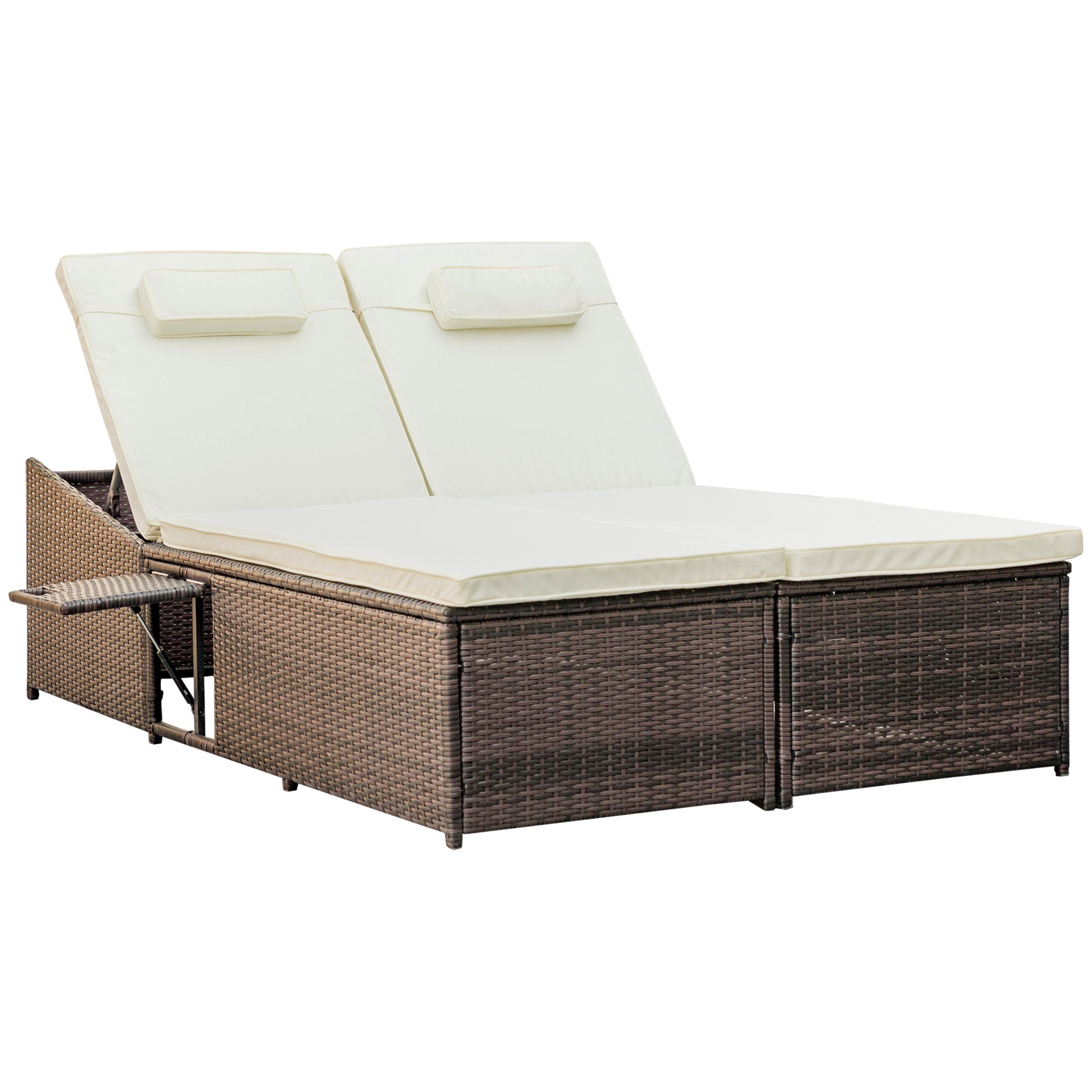 Outsunny 2 Seater Double Rattan Sun Lounger Recliner Day Bed Outdoor Wicker Weave Furniture Sofa w/ Fire Retardant Cushions – Cream - North Peak Garden Furniture
