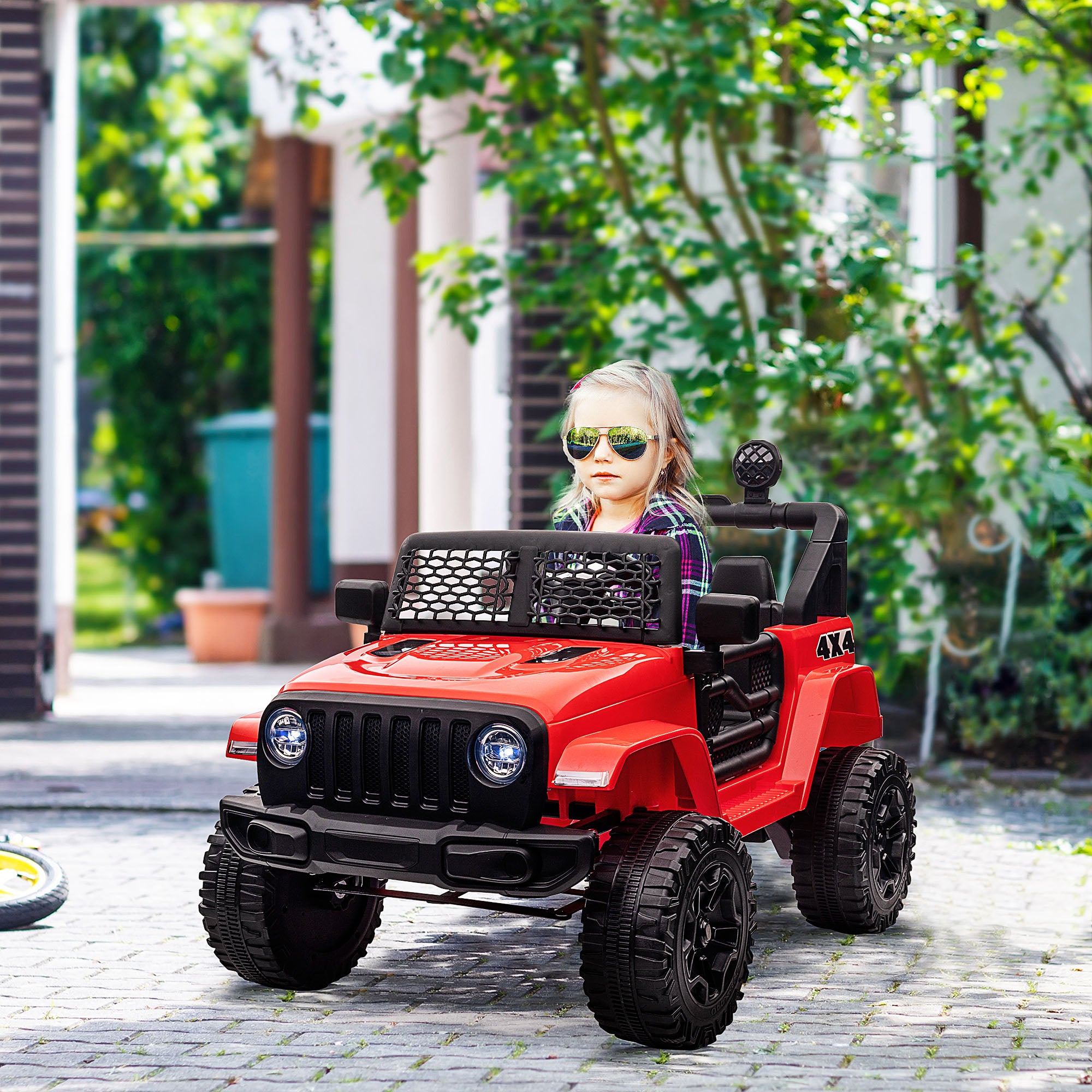 HOMCOM Kids Electric Ride On Car 12V Off Road Toy with Parental Remote Control 2 Motors Horn Lights Suspension Wheels for 3-6 Years Old Red - North Peak Garden Furniture