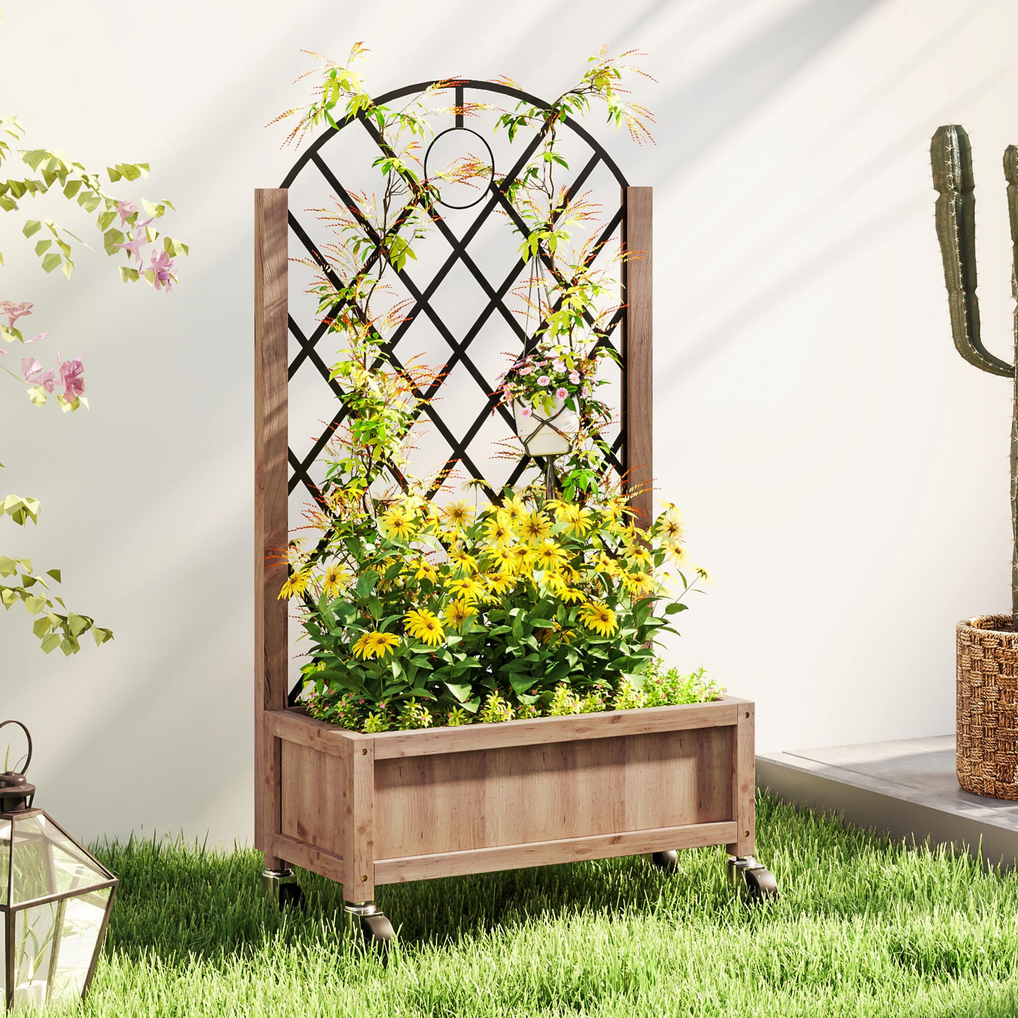 Outsunny Wooden Planter, with Metal Trellis - Brown/Black